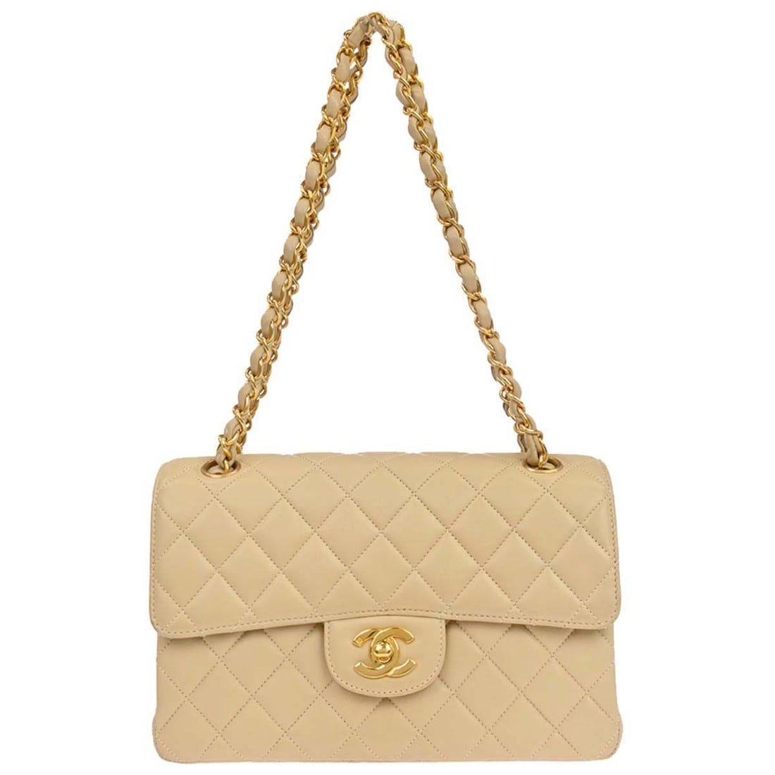 CHANEL Double Sided Classic Flap Small Beige Lambskin Shoulder Bag: CHANEL Double Sided Classic Flap Small Beige Lambskin Shoulder Bag Chanel Beige Lambskin Double Sided Flap Small Shoulder Bag in very good condition. This small shoulder bag features a turnlock closur