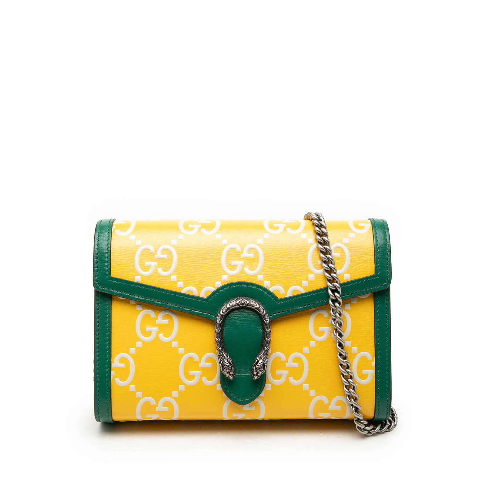 Gucci Dionysus Wallet on Chain Bicolor GG Embossed Calfskin Leather: Gucci Dionysus Wallet on Chain Bicolor GG Embossed Calfskin Leather This Gucci Dionysus Wallet on Chain is a crossbody bag crafted in bicolor embossed calfskin leather. It features a curb chain should