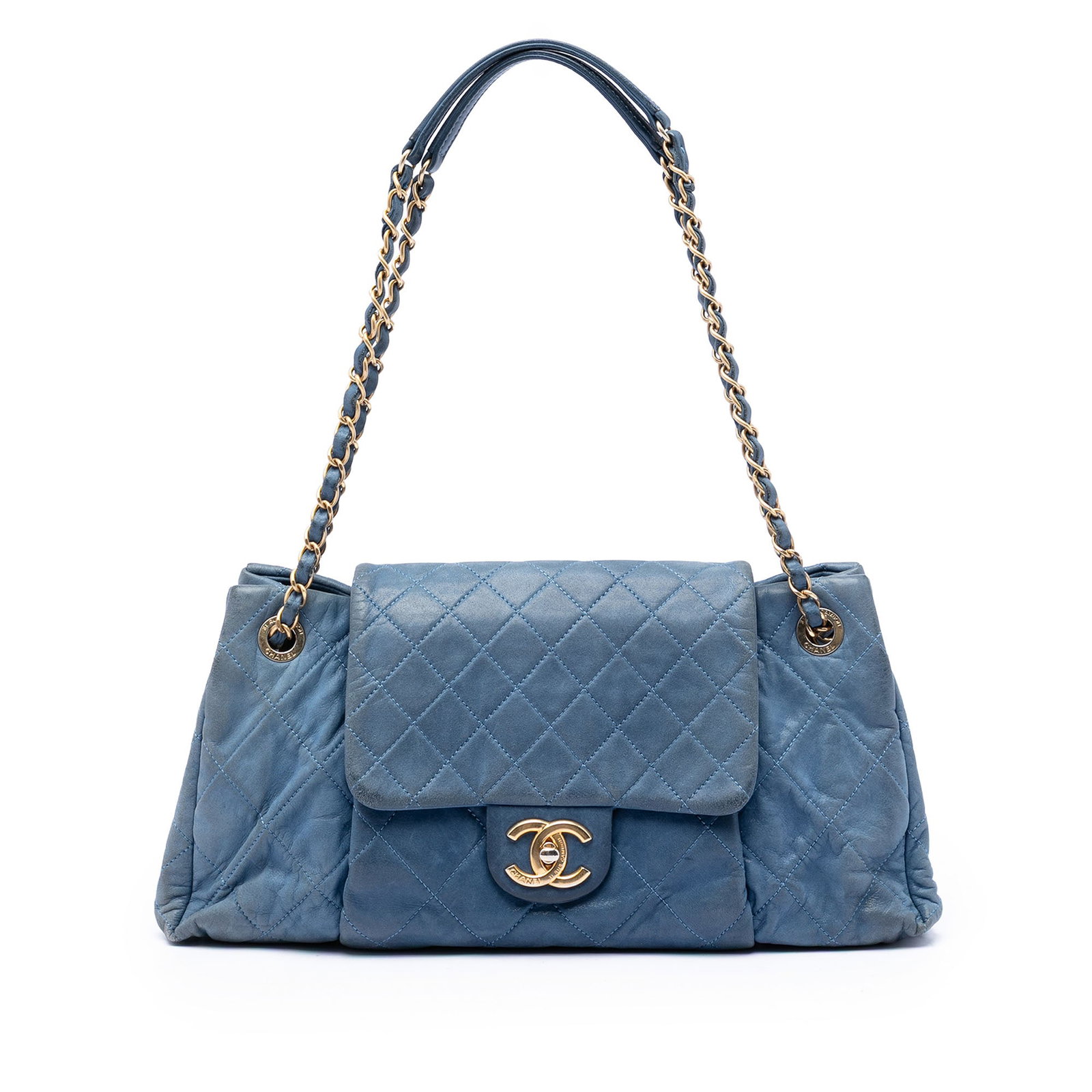 Chanel Chic Quilt Accordion Flap Medium Blue Iridescent Calfskin Bag: Chanel Chic Quilt Accordion Flap Medium Blue Iridescent Calfskin Bag This Chanel shoulder bag is crafted in quilted iridescent calfskin and features leather-woven chain straps with a flat leather shou