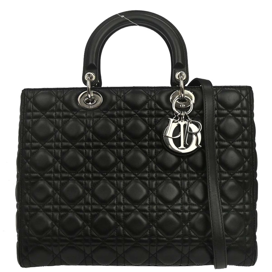 Dior Lady Dior large black lambskin satchel with strap 18-MA-0145: Dior Lady Dior large black lambskin satchel with strap 18-MA-0145 Christian Dior Lady Dior Cannage 2-way handbag in black lambskin with quilted detailing and double top handles. This satchel-style bag