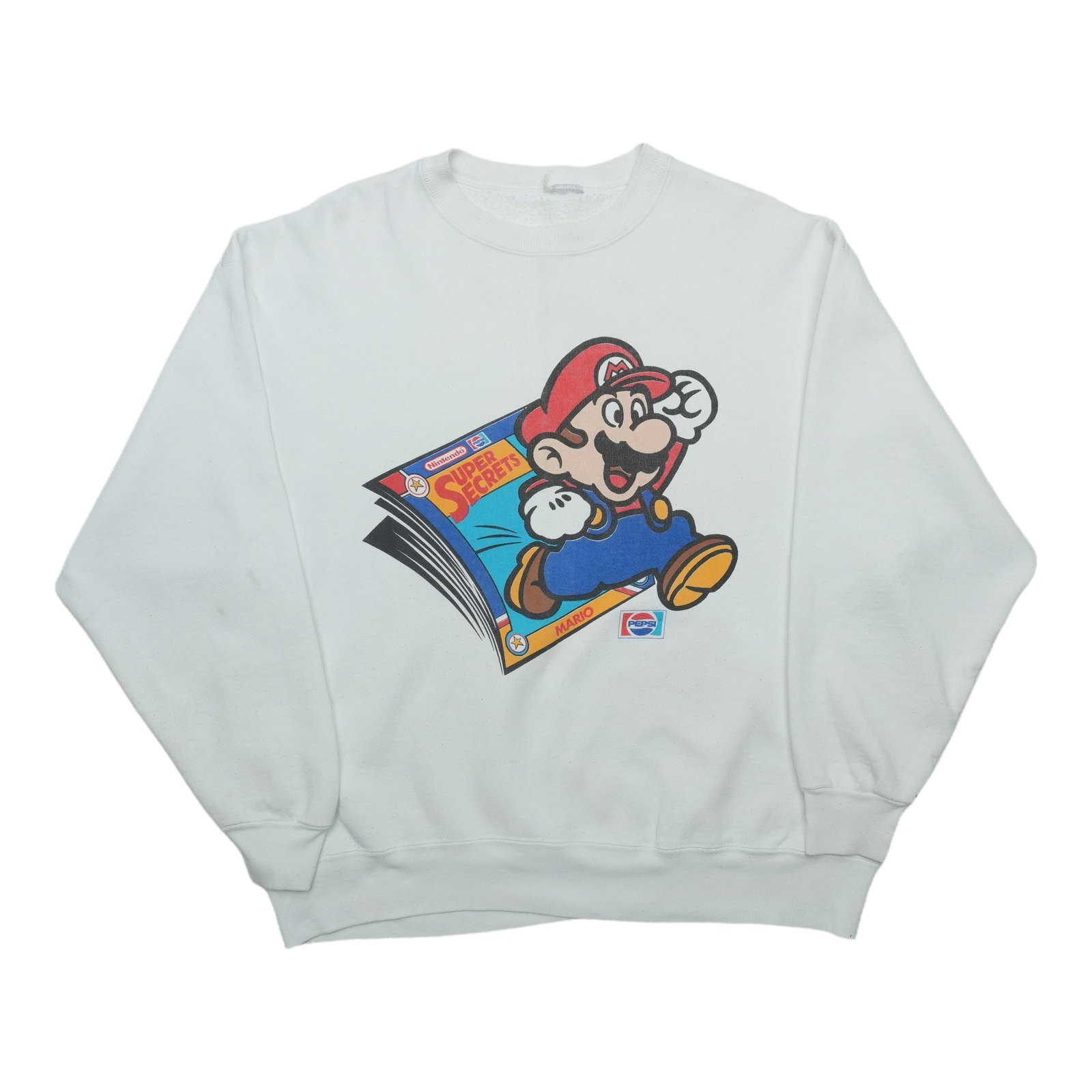 Vintage 1990s Pepsi Super Mario Cotton Sweatshirt: Vintage 1990s Pepsi Super Mario Cotton Sweatshirt This is an original vintage 1990s Super Mario Super Secret Pepsi sweatshirt. It is not a modern reproduction and features a classic white color with 1