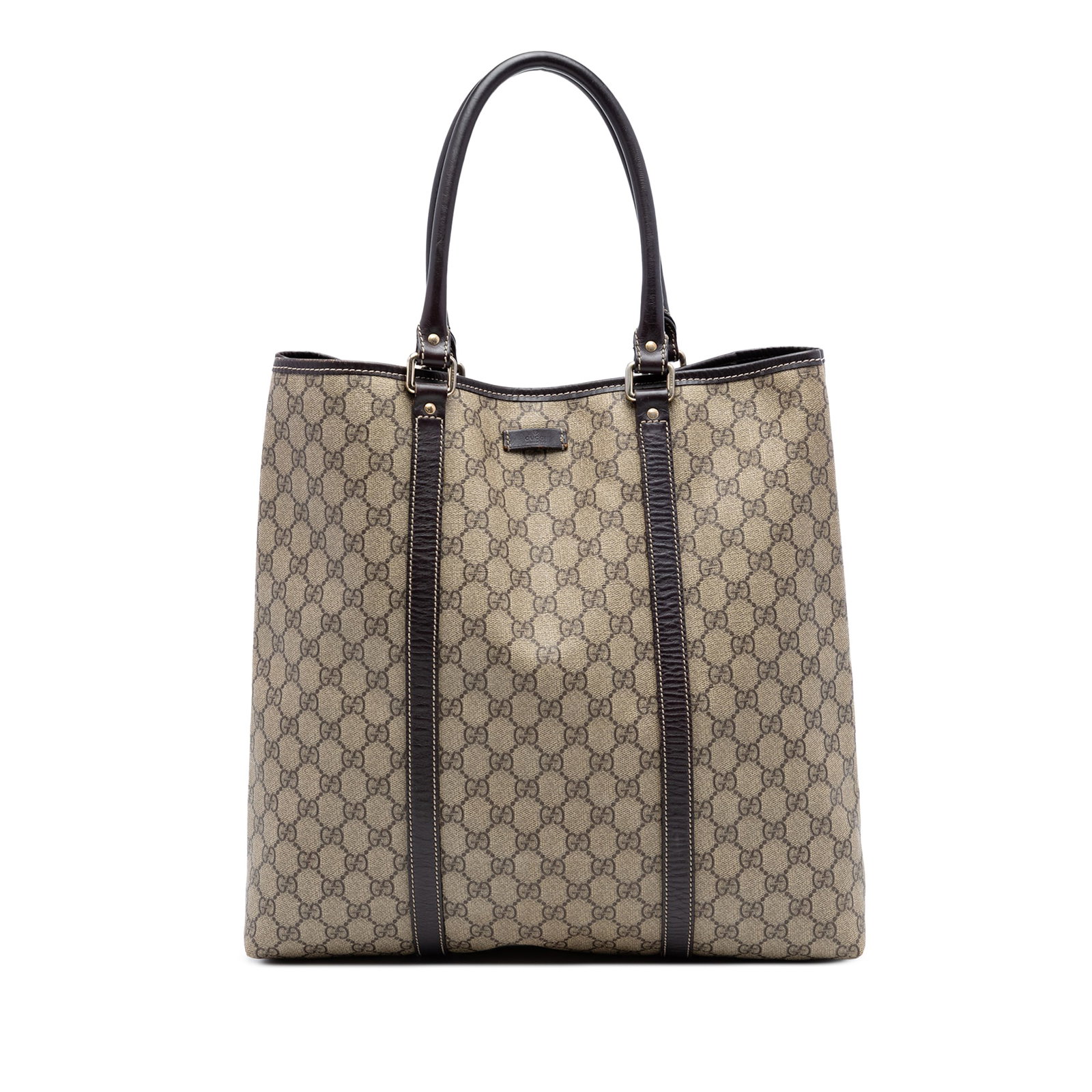 Gucci Joy Vertical Tote in GG Supreme Coated Canvas: Gucci Joy Vertical Tote in GG Supreme Coated Canvas Gucci GG Supreme Joy Vertical Tote in beige with a coated canvas body and leather trim. This tote features rolled leather handles, an open top with 