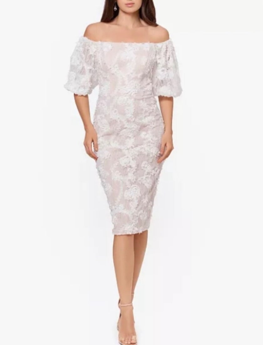 XSCAPE Off-The-Shoulder Lace Sheath Dress for Brides Size 4: XSCAPE Off-The-Shoulder Lace Sheath Dress for Brides Size 4 Elevate your bridal look with the XSCAPE Off-The-Shoulder Lace Sheath Dress, perfect for brides-to-be. This stunning dress features a delica