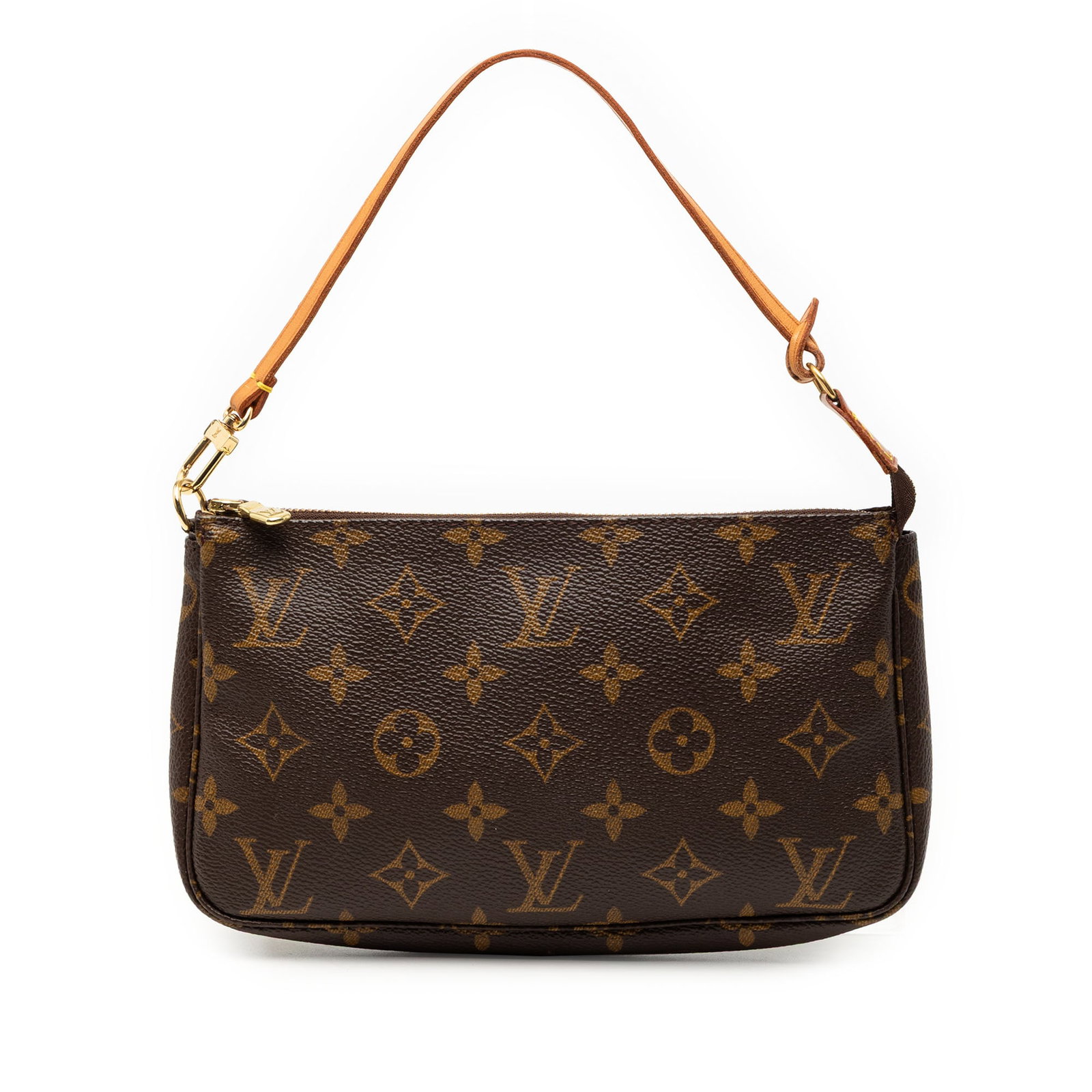 Louis Vuitton Pochette Accessoires Monogram Canvas Handbag with Leather Handle: Louis Vuitton Pochette Accessoires Monogram Canvas Handbag with Leather Handle This Louis Vuitton Monogram Pochette Accessoires features the iconic monogram canvas body, complemented by a flat vachett