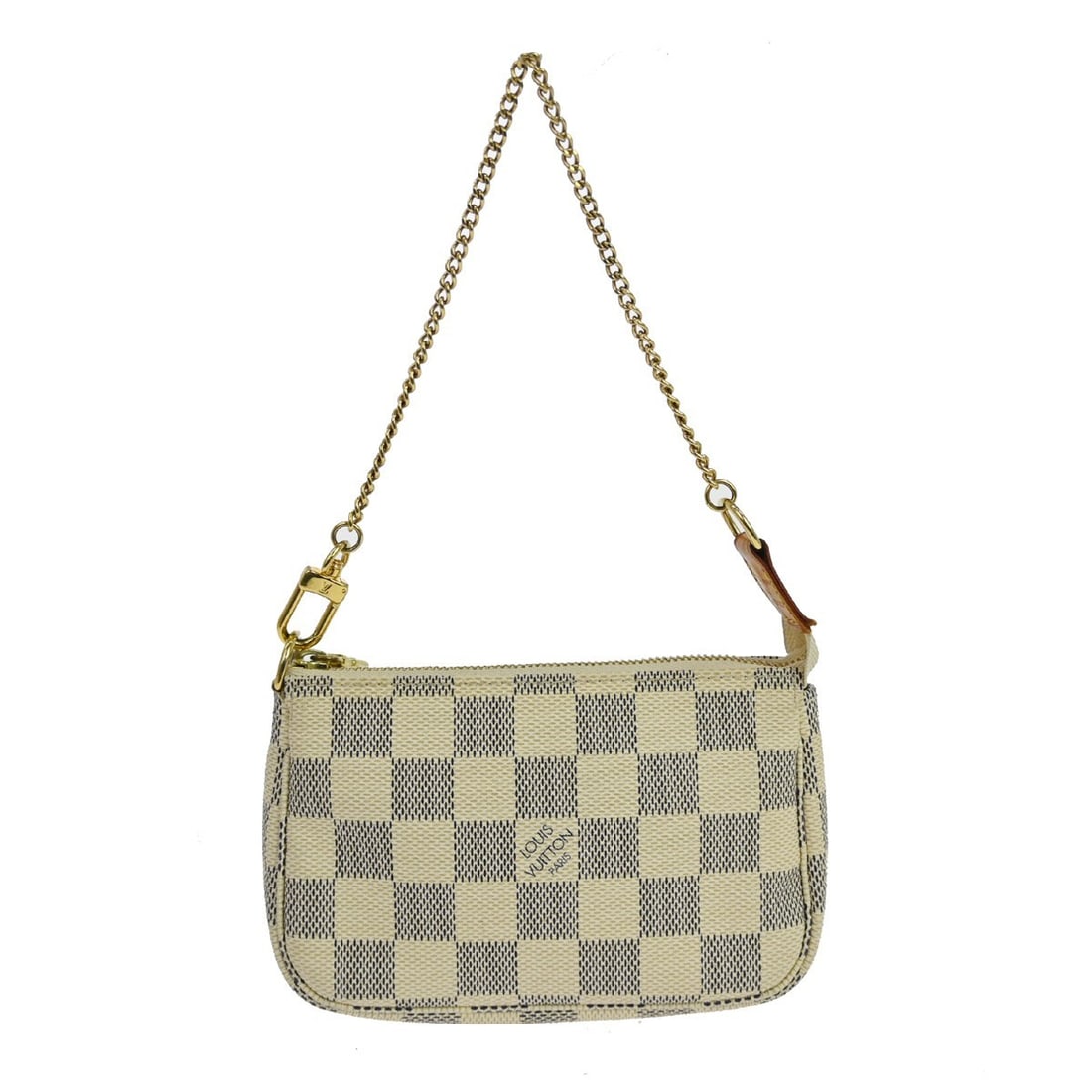 Louis Vuitton Mini Pochette Accessoires Damier Azur Pouch FL1026: Louis Vuitton Mini Pochette Accessoires Damier Azur Pouch FL1026 Vintage Louis Vuitton Mini Pochette Accessoires in Damier Azur canvas with leather trim and a chain strap. This mini pouch features a z