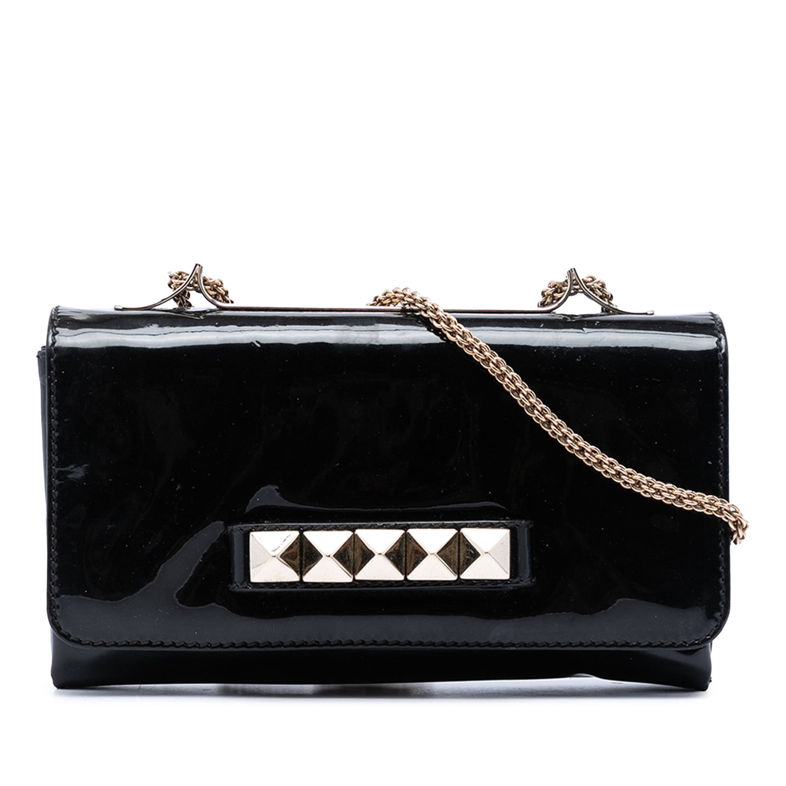 Valentino Vava Voom Patent Leather Chain Clutch Black: Valentino Vava Voom Patent Leather Chain Clutch Black A Valentino Patent Vava Voom Chain Clutch in black, made in Italy. This bag features a patent leather body, a chain link shoulder strap, a front f