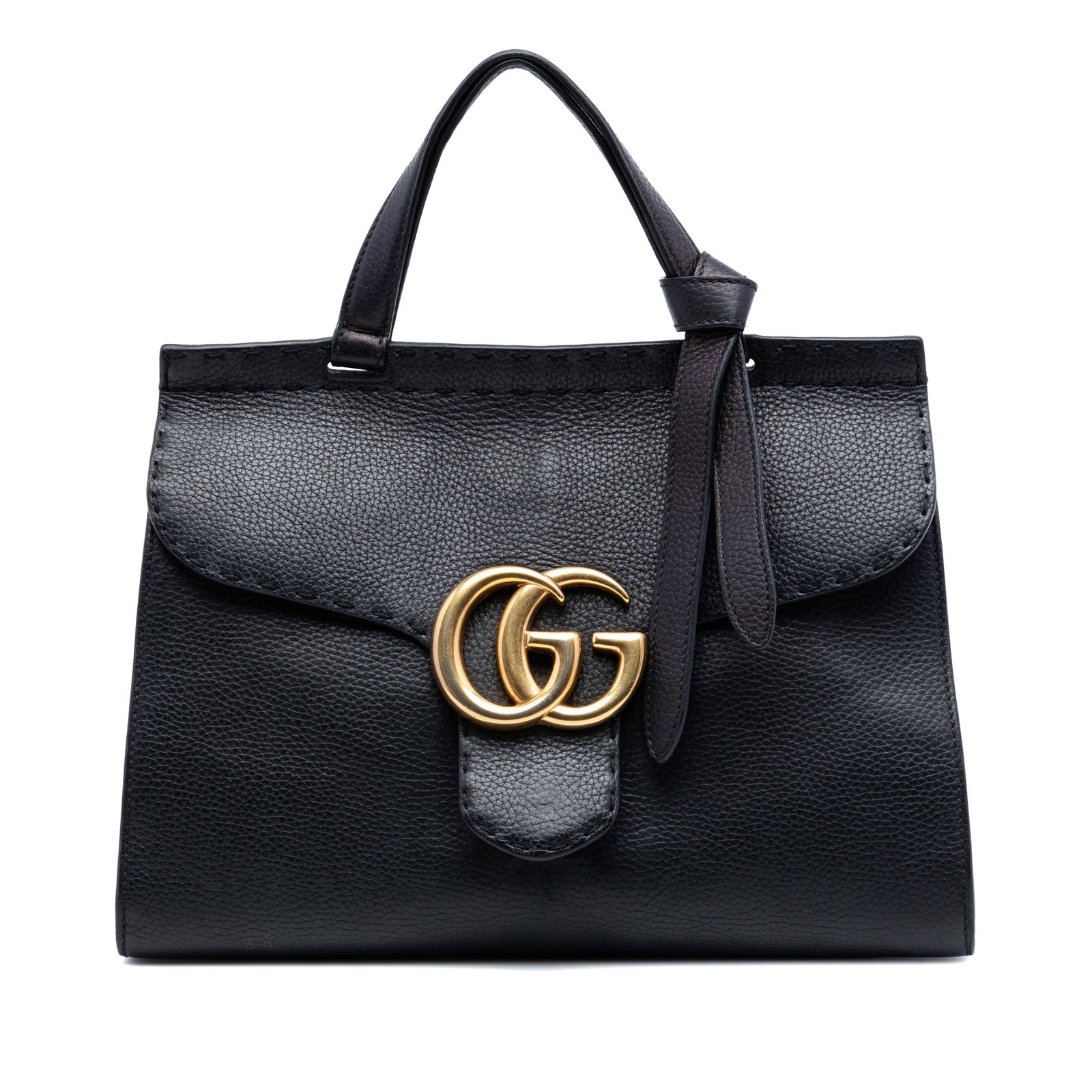 Gucci GG Marmont Small Black Leather Top Handle Bag: Gucci GG Marmont Small Black Leather Top Handle Bag Gucci Small GG Marmont grained calfskin top handle satchel in black leather. This satchel features a flat leather top handle, a front flap with push