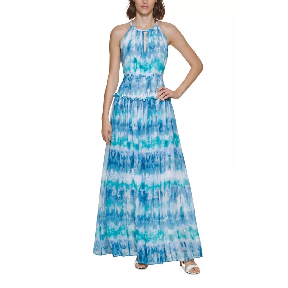 Calvin Klein Steel Blue Tie-Dye Ball Gown Size 2 with Ruffle Trim: Calvin Klein Steel Blue Tie-Dye Ball Gown Size 2 with Ruffle Trim Elevate your evening wear with this stunning tie-dye printed gown from Calvin Klein. This steel blue ball gown features a stylish slee