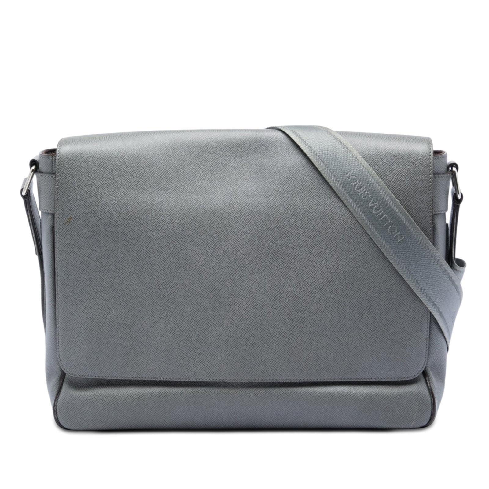 Louis Vuitton Roman GM Taiga Leather Shoulder Bag Gray: Louis Vuitton Roman GM Taiga Leather Shoulder Bag Gray Louis Vuitton Taiga Roman GM bag in gray leather, made in Italy. It features an adjustable flat canvas shoulder strap, a front flap with magnetic