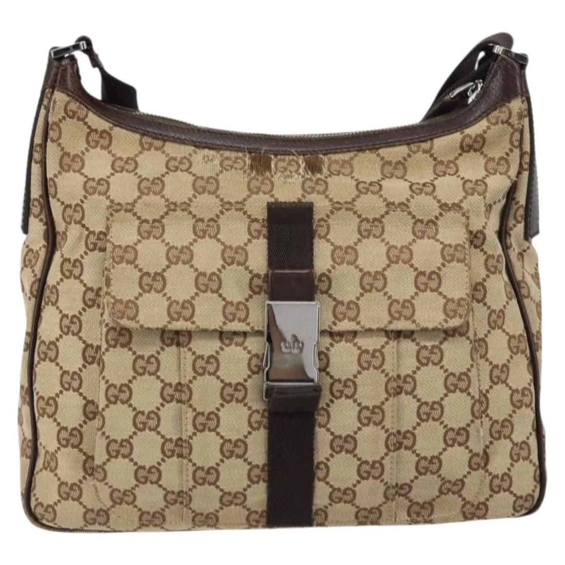 Gucci Beige Canvas Shoulder Bag 29cm by 24cm by 7cm for Women: Gucci Beige Canvas Shoulder Bag 29cm by 24cm by 7cm for Women This Gucci GG Canvas Bag for women features a beige canvas body with leather accents and metal fittings. The bag shows signs of wear inclu