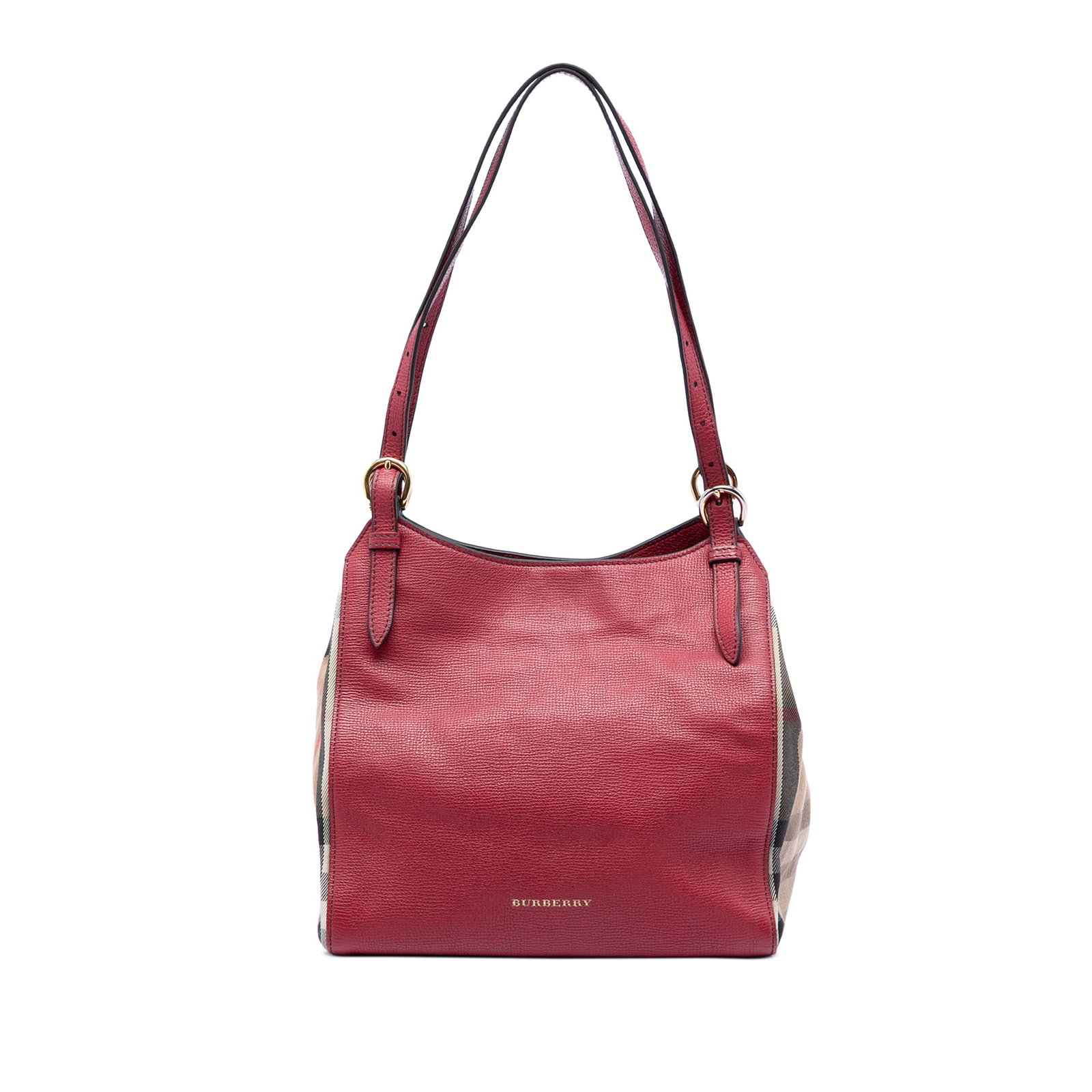 Burberry Canterbury Tote Small Derby Calfskin House Check Canvas Red: Burberry Canterbury Tote Small Derby Calfskin House Check Canvas Red This Burberry Small Leather and House Check Canvas Canterbury Tote features a leather body with signature canvas trim, adjustable f