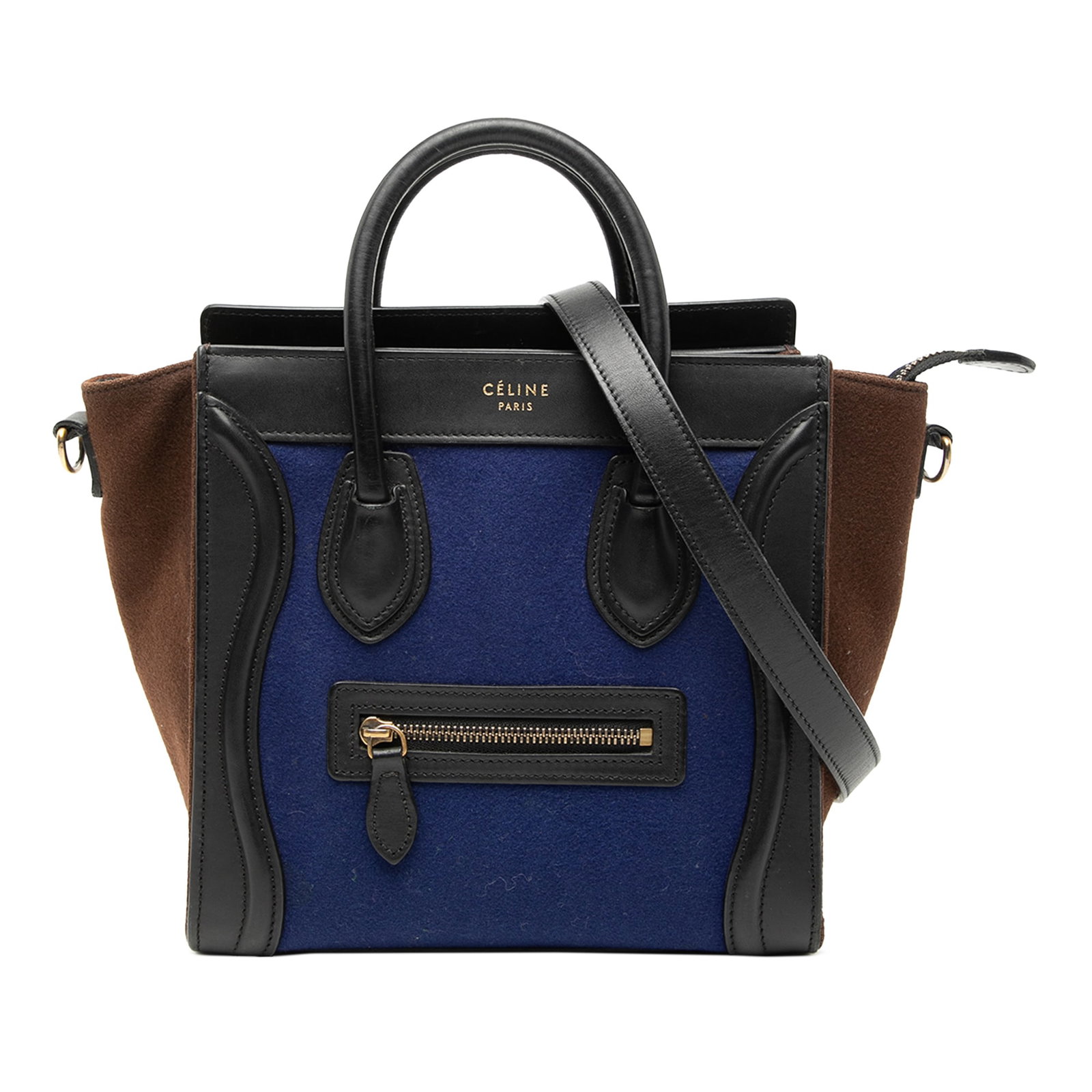 Celine Nano Luggage Tote Blue Felt and Leather Tricolor Handbag: Celine Nano Luggage Tote Blue Felt and Leather Tricolor Handbag This Celine Nano Tricolor Felt Luggage Tote features a wool body with leather trim, rolled leather handles, a detachable flat leather sh