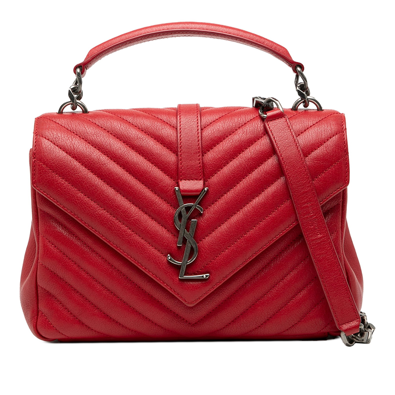 Saint Laurent Red Medium Quilted Chevron Sheepskin College Satchel: Saint Laurent Red Medium Quilted Chevron Sheepskin College Satchel Introducing the Saint Laurent Medium Quilted Chevron Sheepskin College Satchel, an elegant accessory that combines style and function