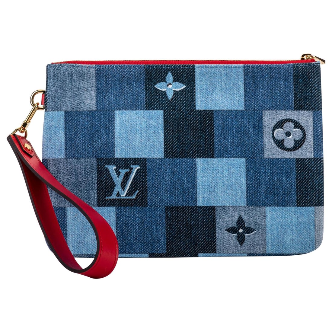 Louis Vuitton Limited Edition Denim Pochette Bag with Red Leather: Louis Vuitton Limited Edition Denim Pochette Bag with Red Leather This exquisite Louis Vuitton Denim Pochette Bag is a limited edition piece, showcasing a chic blend of denim and striking red leather 