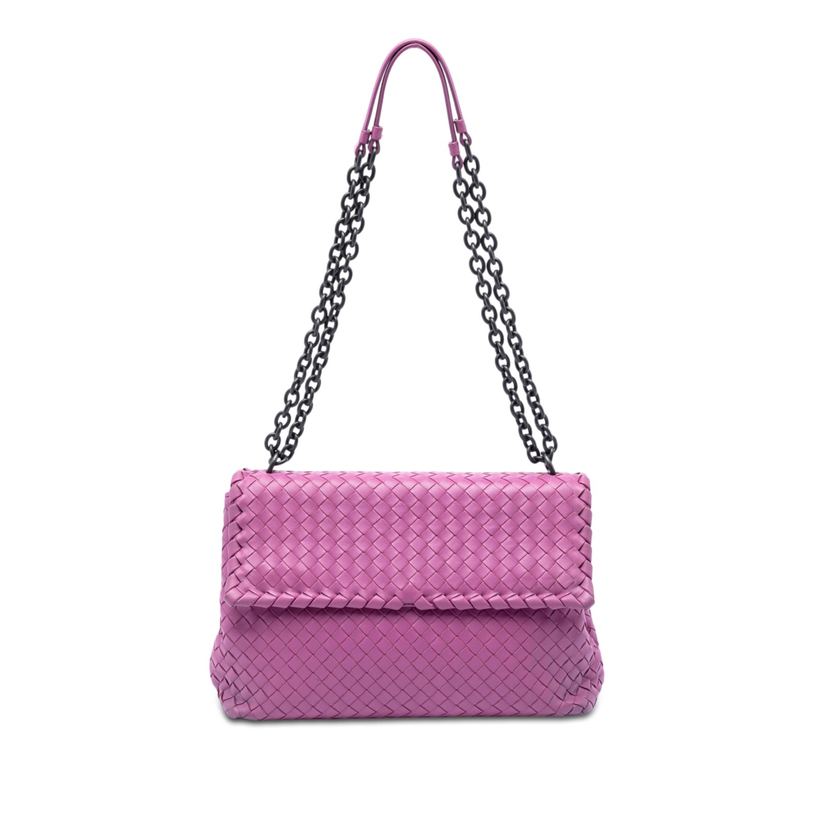 Bottega Veneta Intrecciato Purple Leather Shoulder Bag: Bottega Veneta Intrecciato Purple Leather Shoulder Bag This Bottega Veneta Medium Nappa Intrecciato Olimpia Shoulder Bag features a signature woven leather design in purple, complemented by a chain li