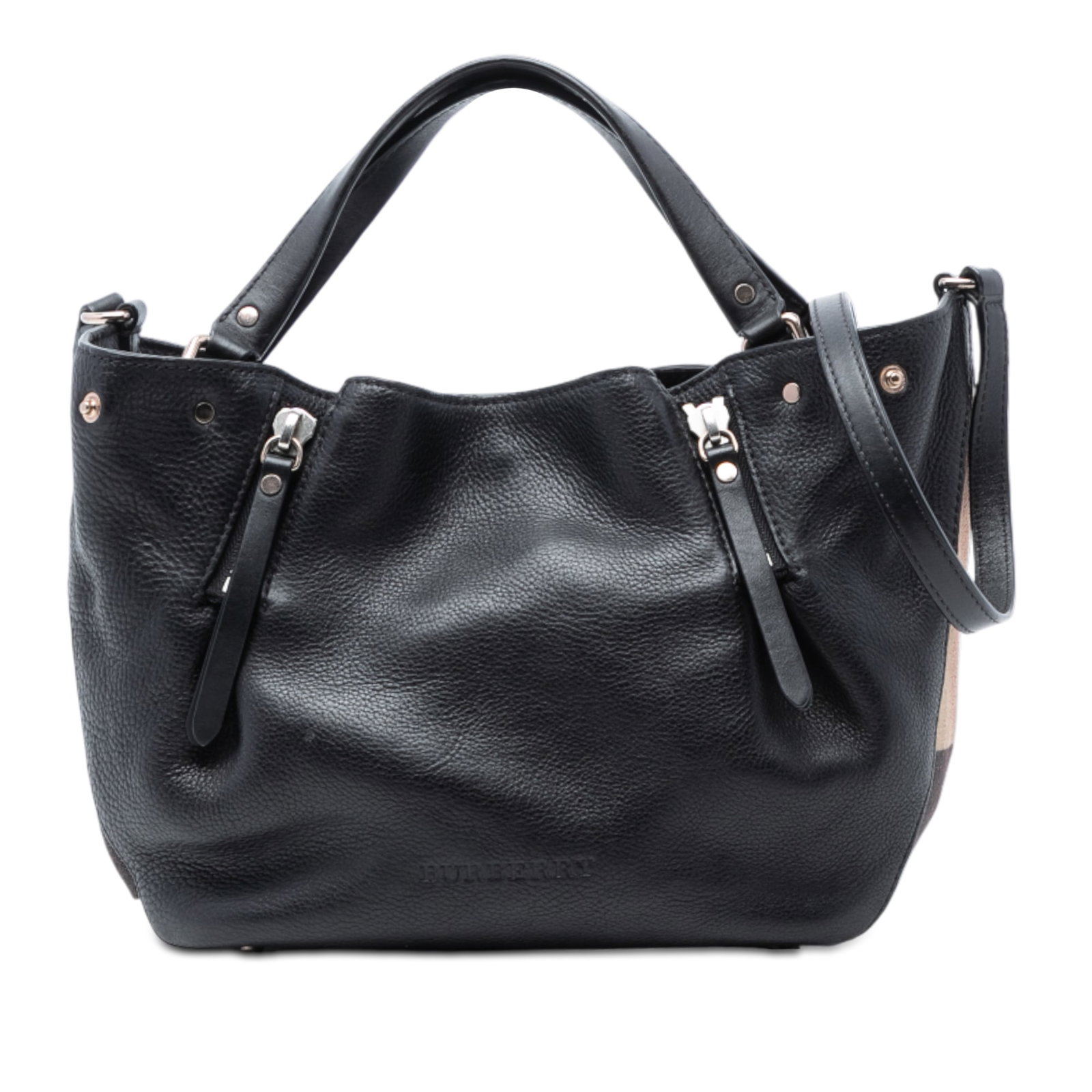 Burberry Maidstone Satchel Small Leather and Canvas Shoulder Bag: Burberry Maidstone Satchel Small Leather and Canvas Shoulder Bag This Burberry Maidstone satchel features a black leather body with zip accents and House Check canvas trim. It is designed with flat le