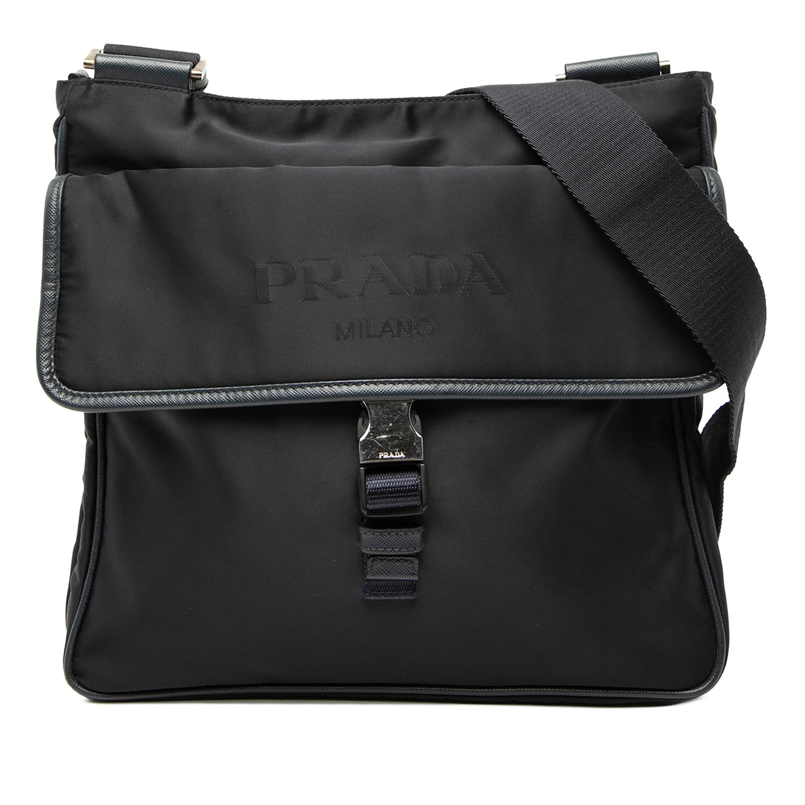 Prada Tessuto Crossbody Bag with Saffiano Trim Black Nylon: Prada Tessuto Crossbody Bag with Saffiano Trim Black Nylon Prada Tessuto crossbody bag with Saffiano trim and a zip-top closure. This black bag features a nylon body, an adjustable flat shoulder strap