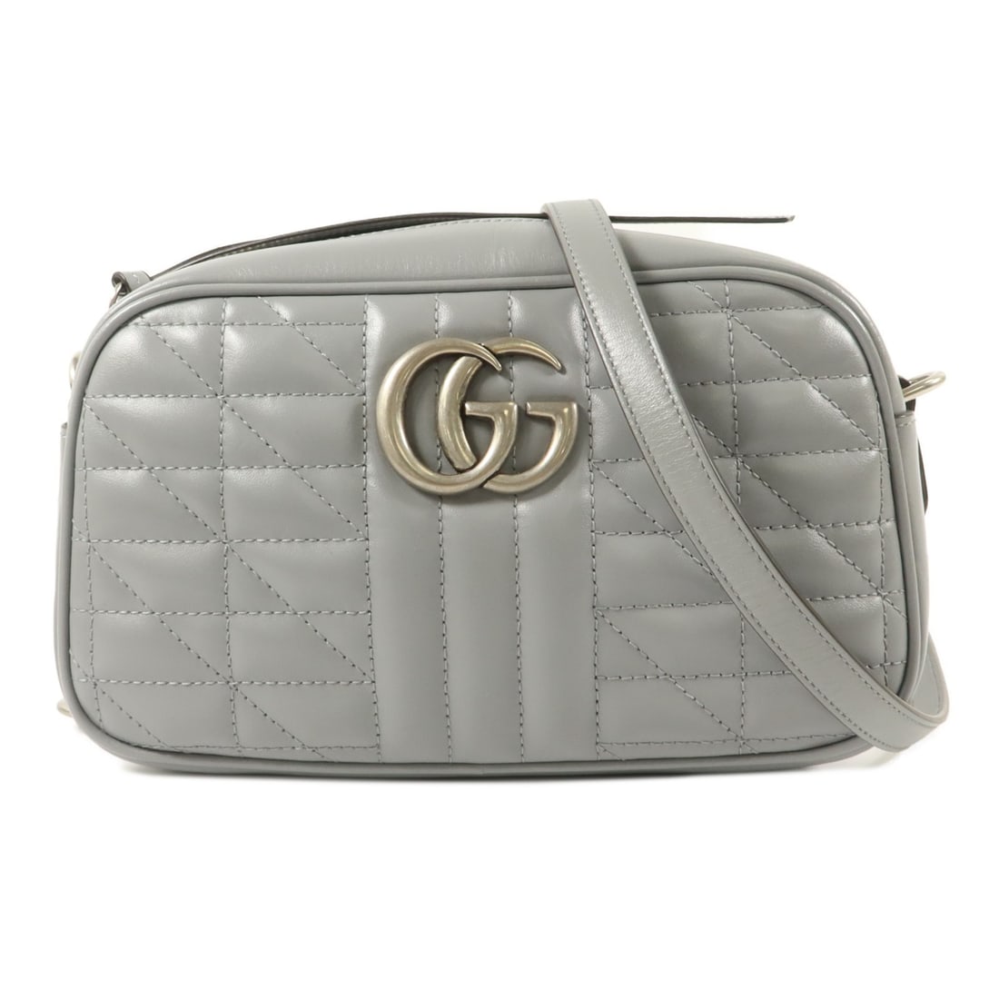 GUCCI 447632 GG Marmont gray calfskin shoulder bag: GUCCI 447632 GG Marmont gray calfskin shoulder bag A Gucci GG Marmont shoulder bag, model 447632, crafted in gray calfskin leather with silver-tone hardware. It features a fastener pocket and one open