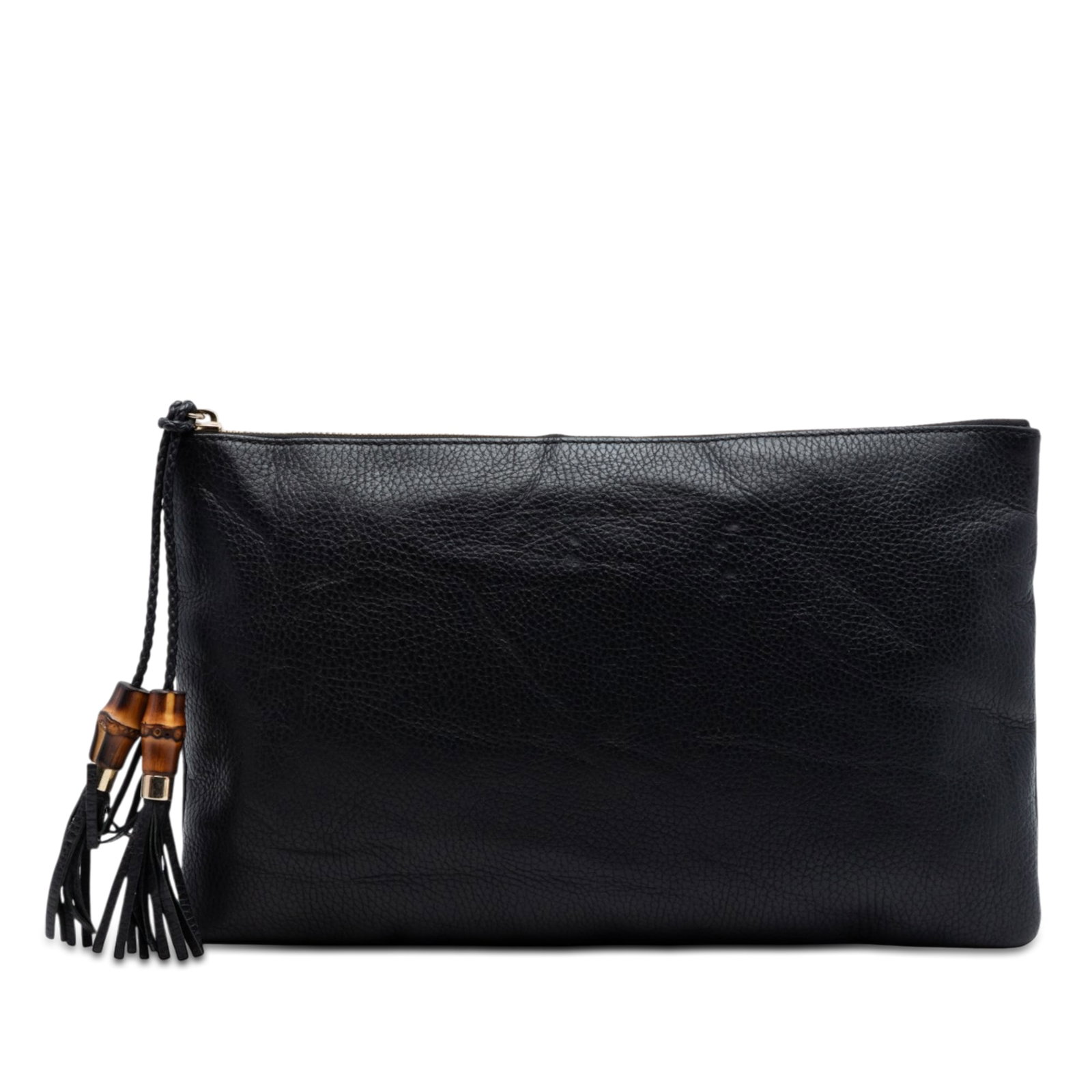Gucci black leather bamboo tassel clutch: Gucci black leather bamboo tassel clutch This Gucci Calfskin Bamboo Tassel Clutch is crafted from black leather and features a top zip closure with a distinctive leather tassel zipper pull accented by