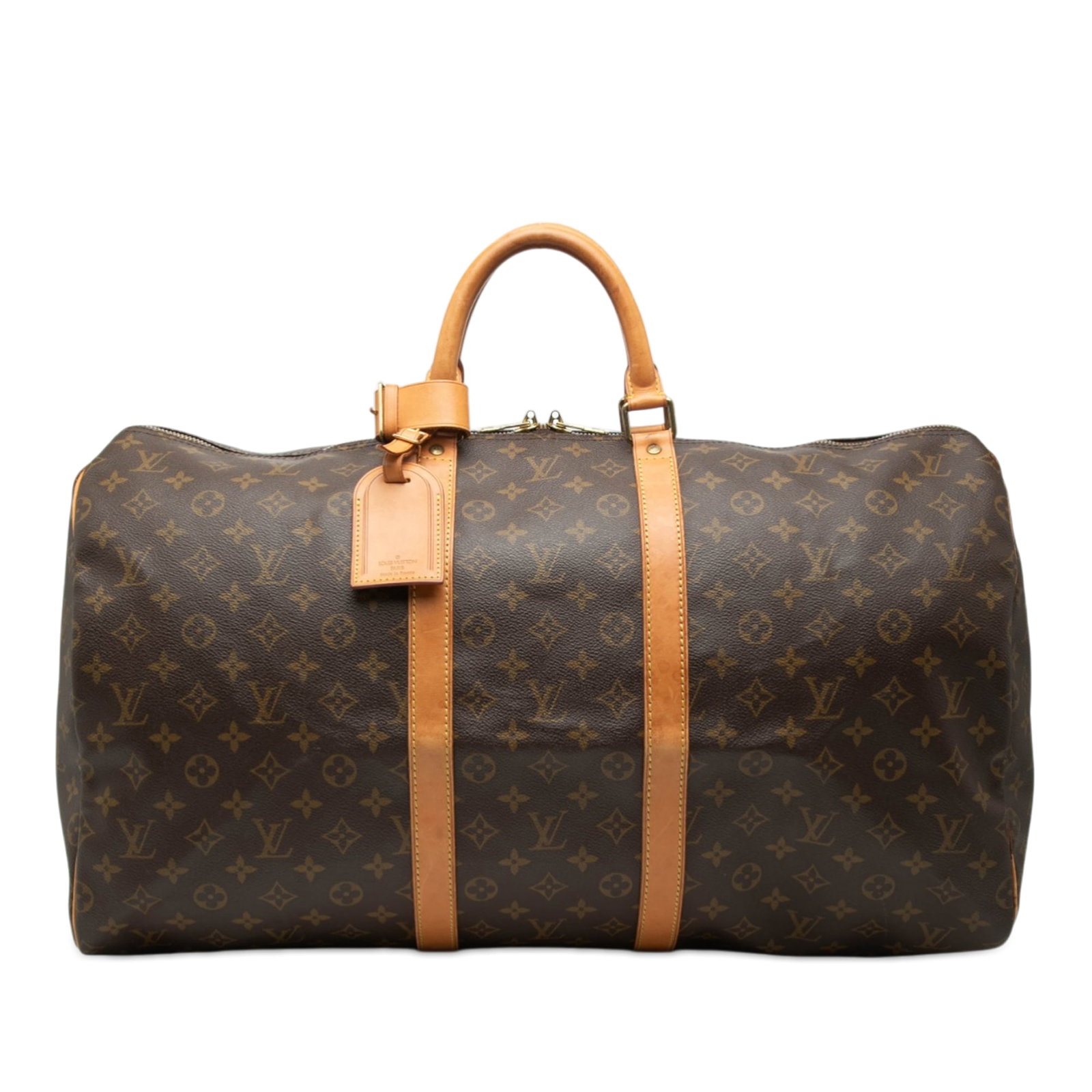 Louis Vuitton Keepall 55 Travel Bag in Monogram Canvas and Vachetta Leather: Louis Vuitton Keepall 55 Travel Bag in Monogram Canvas and Vachetta Leather This Louis Vuitton Keepall 55 features the signature monogram canvas with vachetta leather trim and rolled vachetta leather 