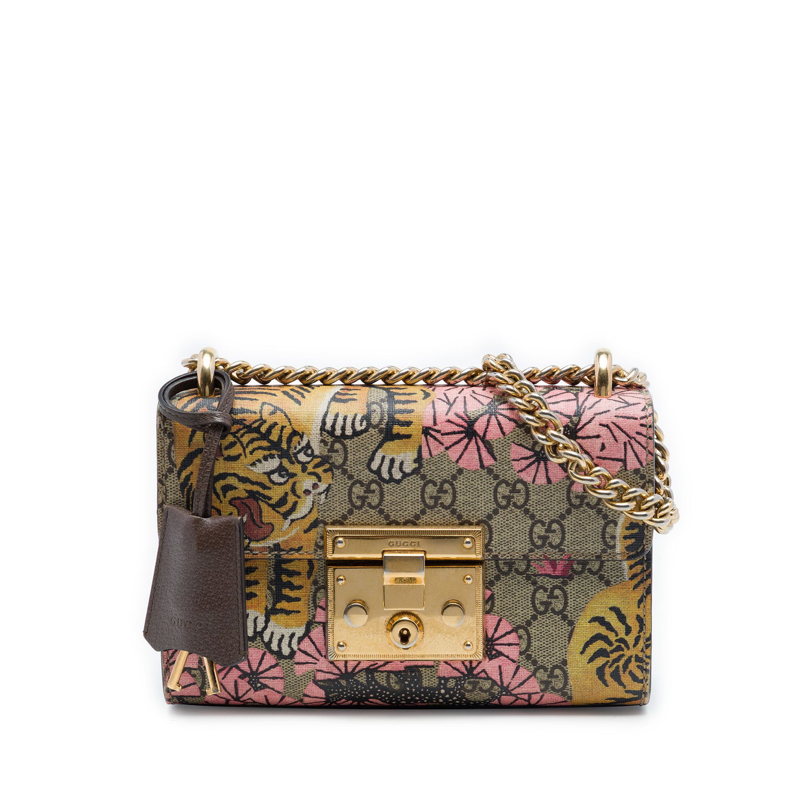 Gucci Padlock Bengal Small GG Supreme Crossbody Bag: Gucci Padlock Bengal Small GG Supreme Crossbody Bag Gucci Small GG Supreme Bengal Padlock Crossbody bag in beige. It features a printed coated canvas body, chain link straps, a front flap with push-lo