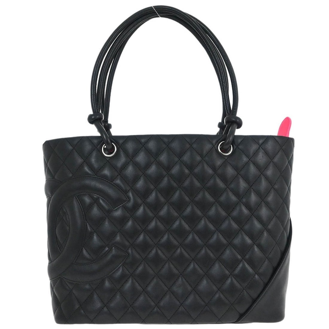 CHANEL Cambon Ligne black calfskin tote handbag quilted: CHANEL Cambon Ligne black calfskin tote handbag quilted Chanel Cambon Ligne tote handbag in black calfskin leather with a quilted logo design and pink canvas lining. This medium tote features double b