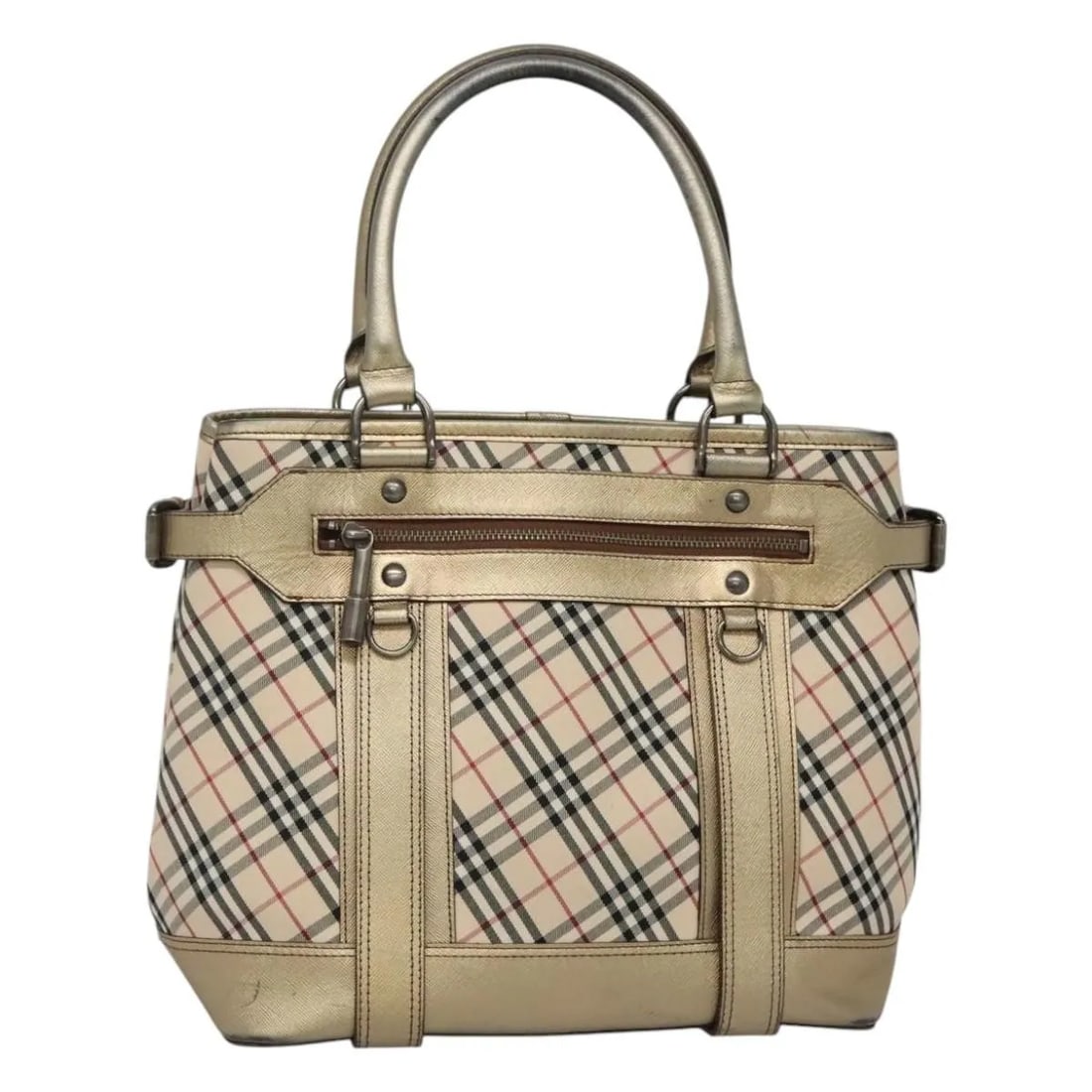 Beige Canvas Nova Check Tote with Leather Trim by Burberry: Beige Canvas Nova Check Tote with Leather Trim by Burberry This Burberry Nova Check Tote features a classic beige canvas complemented by leather accents. Designed for women, the tote offers ample spac