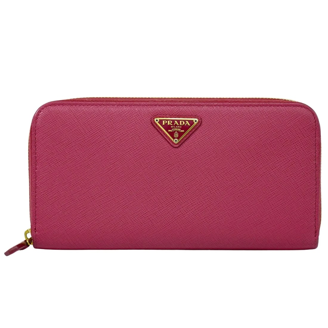 Pink Saffiano Leather Zip Around Wallet by Prada: Pink Saffiano Leather Zip Around Wallet by Prada This pre-owned Prada Zip Around Tab Wallet for women features pink saffiano leather with a zip-around closure. It shows signs of use including minor sc