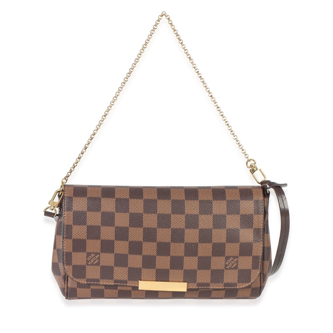 Louis Vuitton Favorite MM Damier Ebene Canvas Shoulder Bag: Louis Vuitton Favorite MM Damier Ebene Canvas Shoulder Bag Pre-owned Louis Vuitton Favorite MM shoulder bag in Damier Ebene canvas. This unisex design features a brown exterior with a red fabric linin