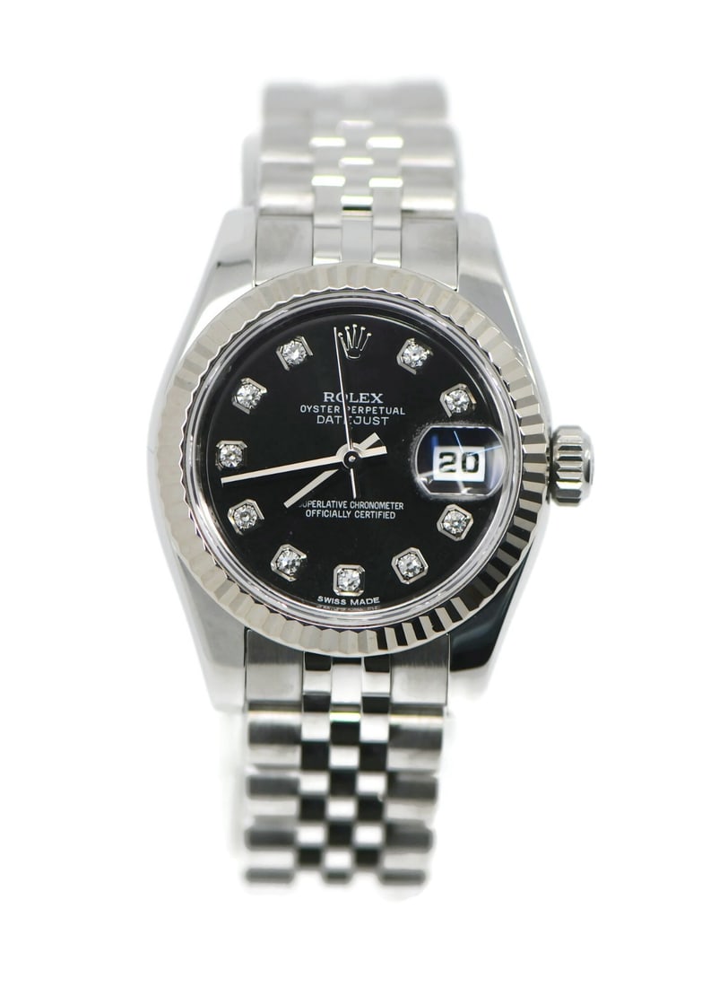 Rolex Datejust 26mm Stainless Steel Diamond Bezel Ladies Watch with Box and Papers: Rolex Datejust 26mm Stainless Steel Diamond Bezel Ladies Watch with Box and Papers This Rolex Datejust wristwatch features a 26 mm round case crafted from stainless steel and is designed for women. Th