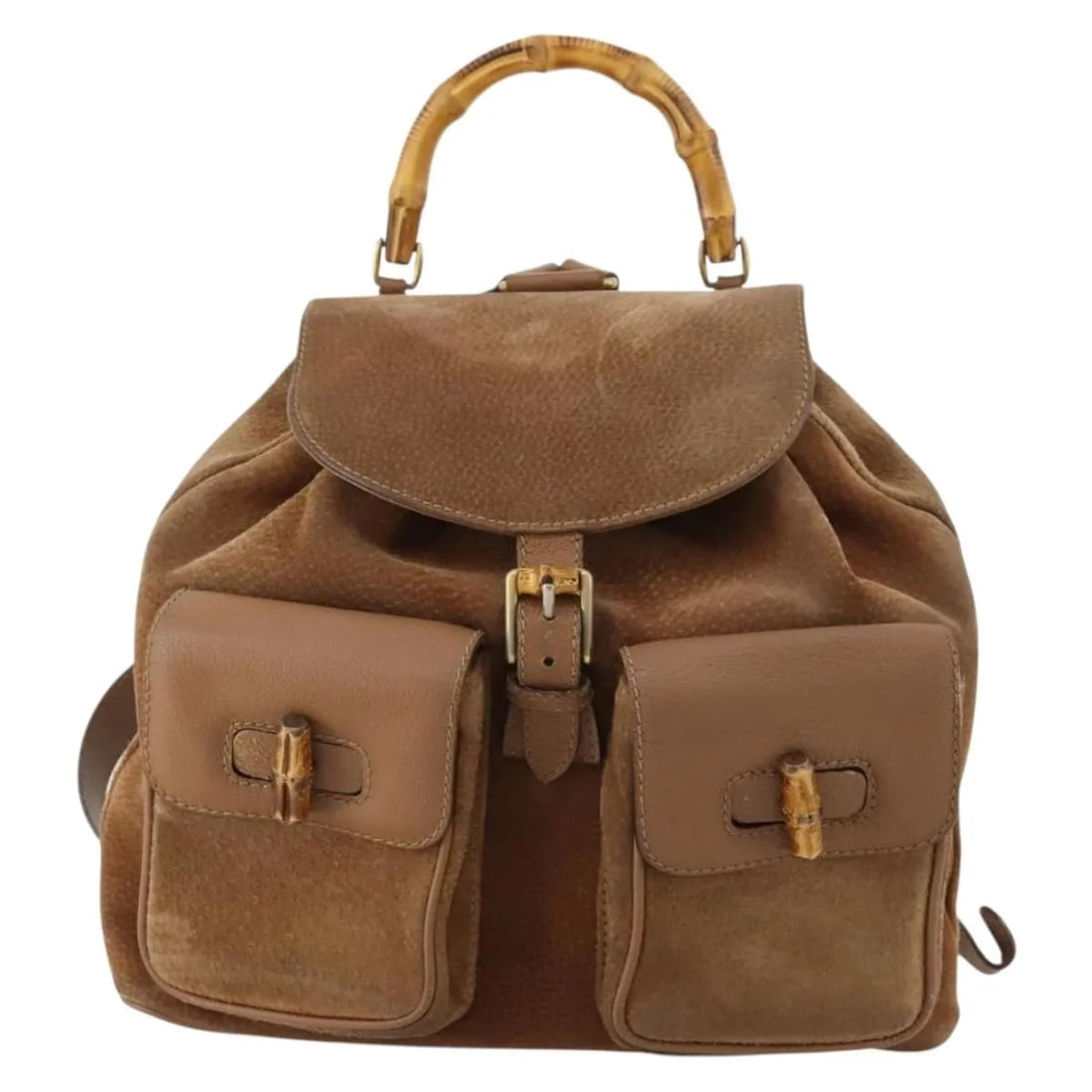 Gucci Vintage Bamboo brown suede leather backpack: Gucci Vintage Bamboo brown suede leather backpack This vintage Gucci Bamboo Backpack features a combination of brown suede and leather, designed for women. Made in Italy, it includes bamboo detailing 