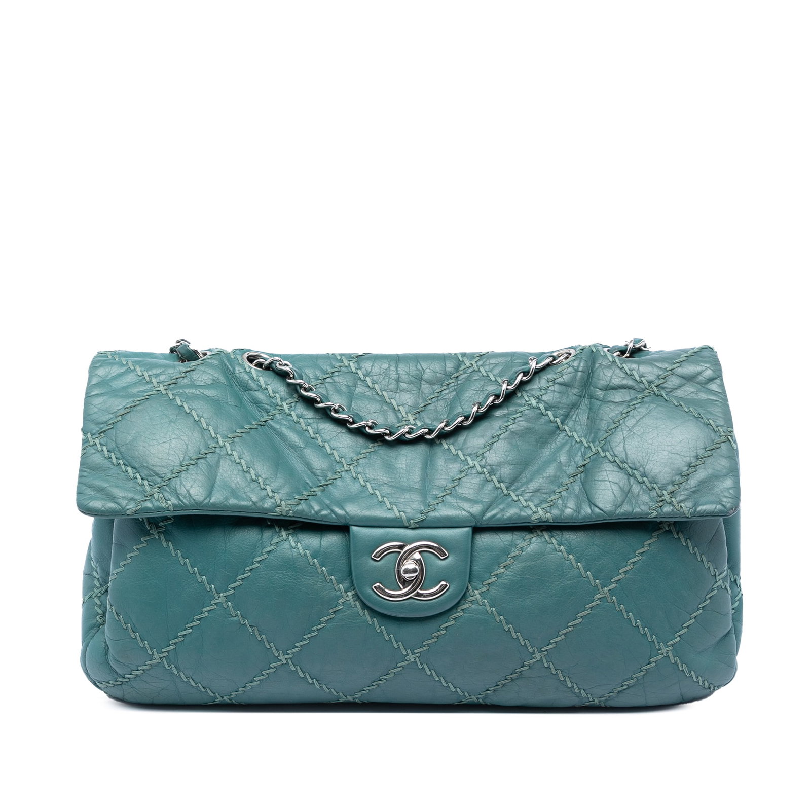 Chanel Ultimate Stitch East West Flap Blue Calfskin Shoulder Bag: Chanel Ultimate Stitch East West Flap Blue Calfskin Shoulder Bag Chanel CC Quilted Calfskin Ultimate Stitch East West Flap shoulder bag in blue leather, made in Italy. It features a wild stitch leathe