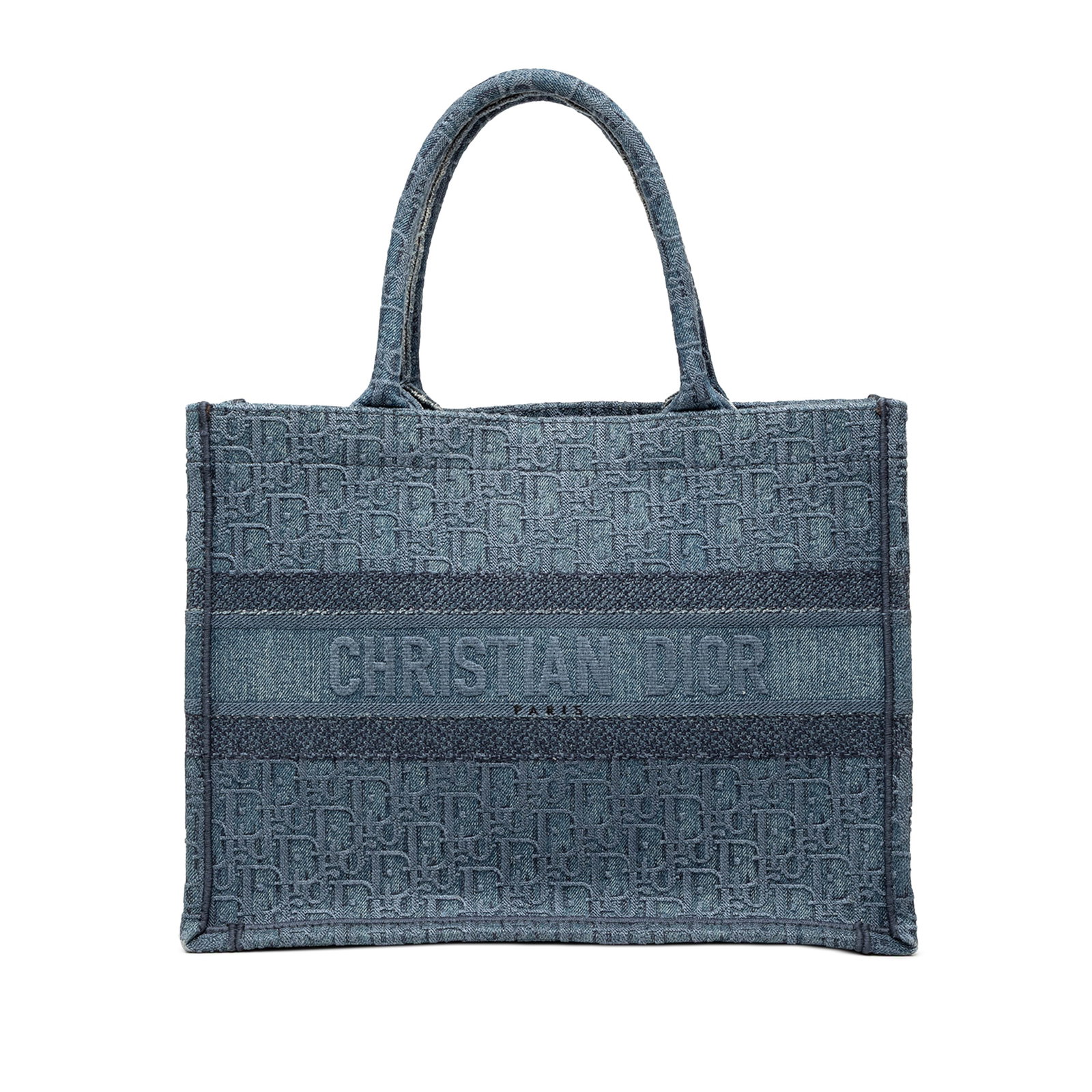 Dior Book Tote Medium Blue Denim Oblique Pattern Handbag: Dior Book Tote Medium Blue Denim Oblique Pattern Handbag This Dior Medium Oblique Denim Book Tote features a blue denim fabric body with rolled top handles and an open top design. The bag is crafted i