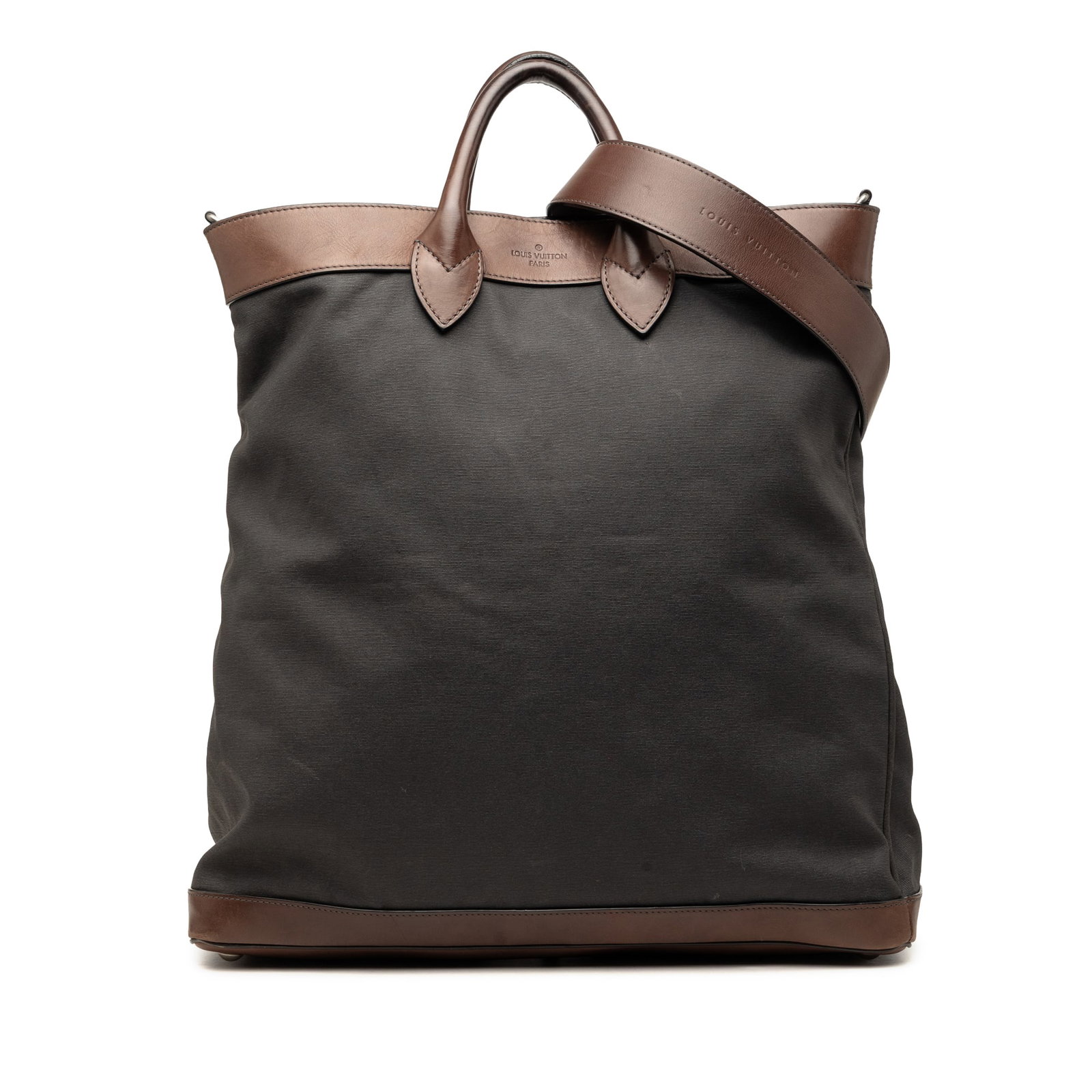 Louis Vuitton Shako Tote Gray Canvas and Leather Bag: Louis Vuitton Shako Tote Gray Canvas and Leather Bag Louis Vuitton Canvas Shako Tote in gray fabric with leather trim. It features rolled leather handles, a detachable flat leather strap, an open top,
