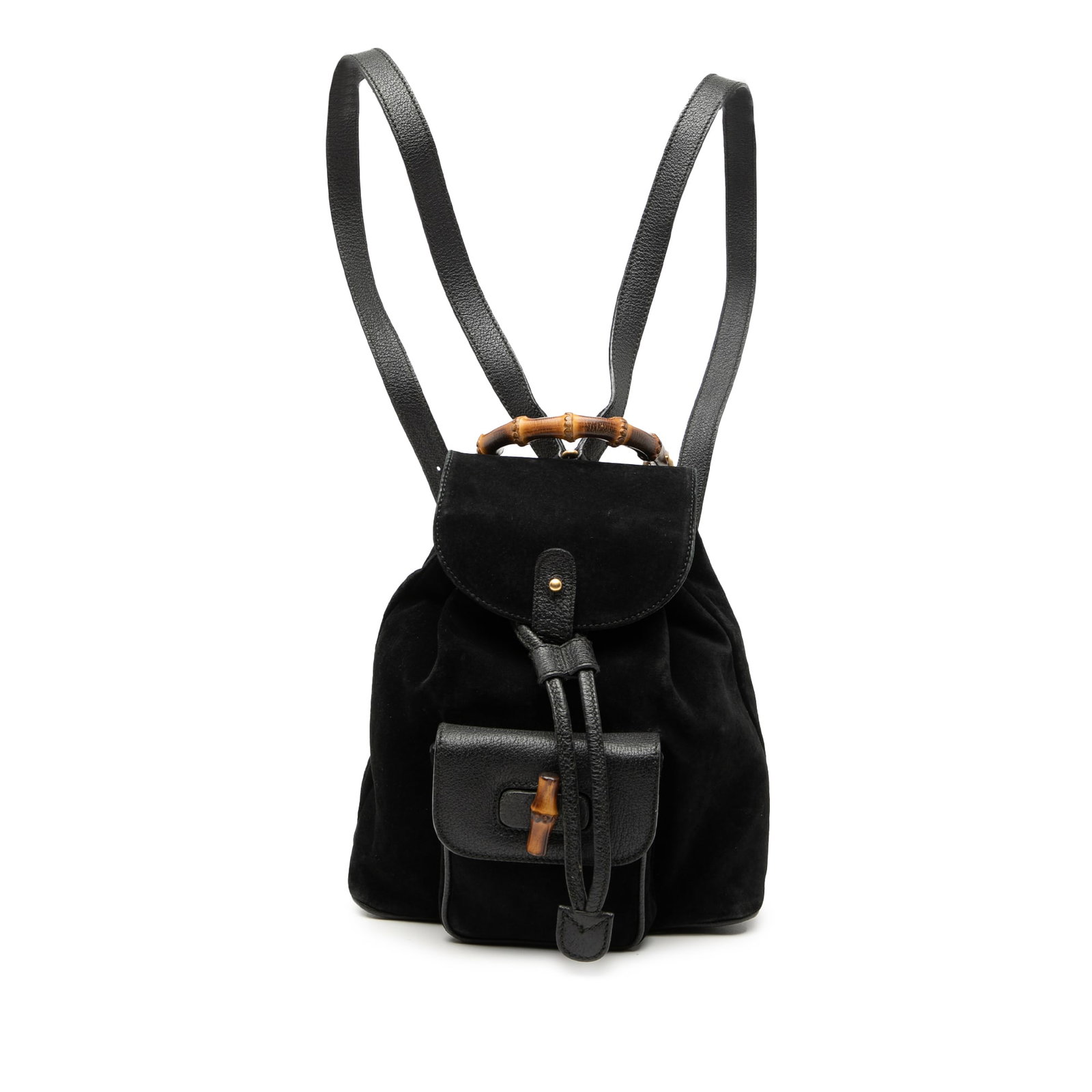Gucci Black Suede Bamboo Handle Leather Backpack Italy: Gucci Black Suede Bamboo Handle Leather Backpack Italy This Gucci Suede Bamboo Backpack features a suede body with a bamboo top handle, adjustable flat leather back straps, a flap with pin tuck closur