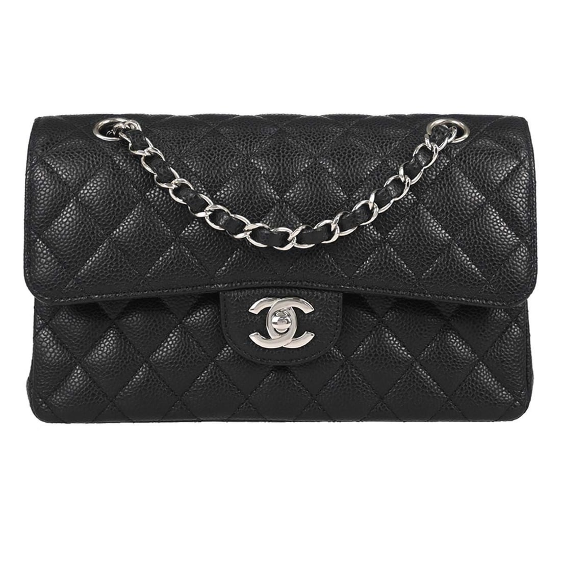 CHANEL Classic Double Flap Small Shoulder Bag Black Caviar Leather: CHANEL Classic Double Flap Small Shoulder Bag Black Caviar Leather Chanel Black Calfskin Small Classic Double Flap Shoulder Bag in black with a matelasse pattern and flap turnlock closure. It features