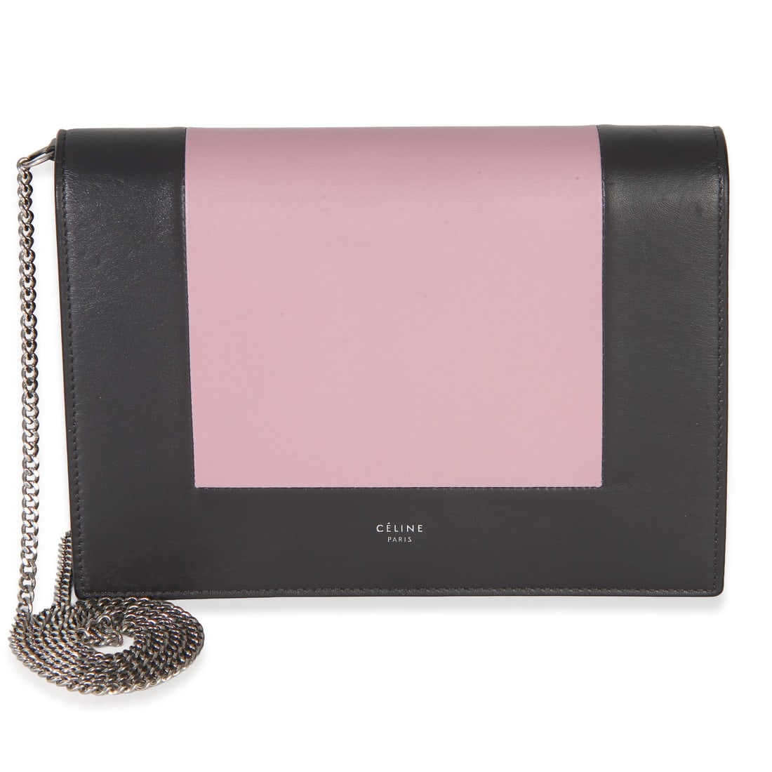 Celine Gray Pink Leather Evening Clutch on Chain: Celine Gray Pink Leather Evening Clutch on Chain This Celine Frame Evening Clutch On Chain features smooth calfskin leather in a sophisticated combination of grey and pink. The bag is designed with a 