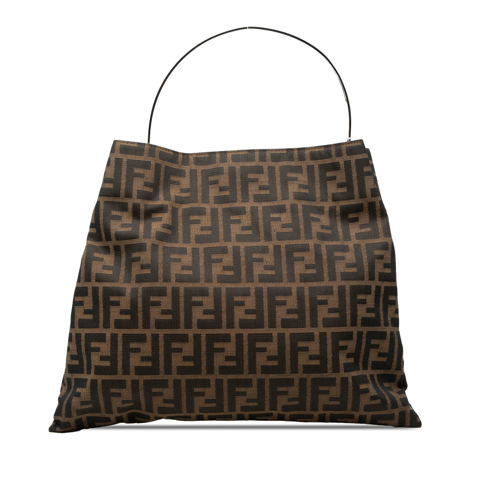 Fendi Zucca brown canvas tote with metal handle: Fendi Zucca brown canvas tote with metal handle This Fendi Zucca Canvas Metal Handle Tote features a brown canvas body with the iconic Zucca pattern, complemented by a flat metal handle and an open to