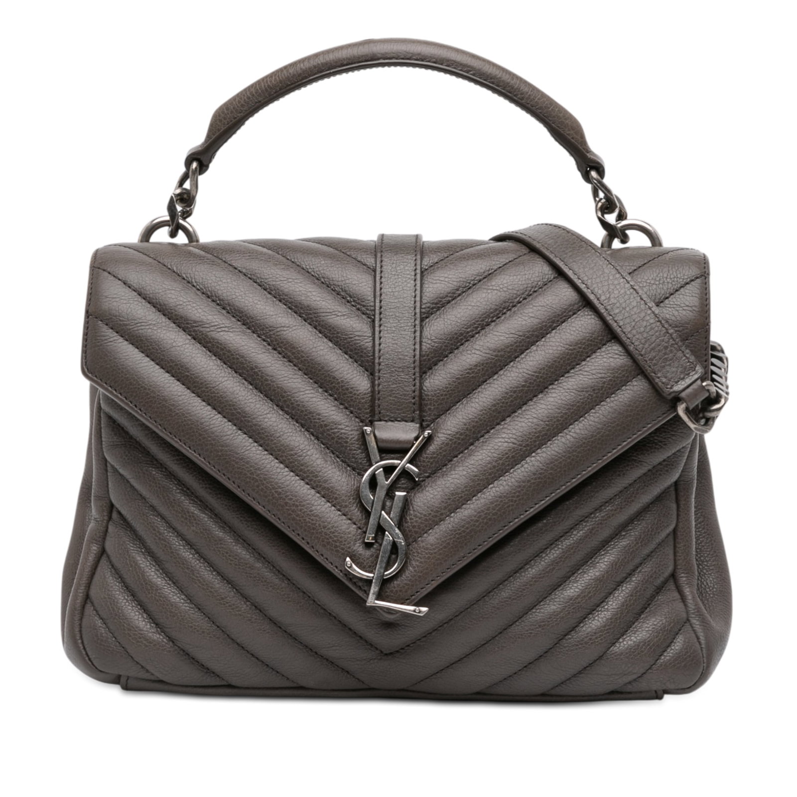 Saint Laurent College Satchel Gray Quilted Leather Medium Monogram Bag: Saint Laurent College Satchel Gray Quilted Leather Medium Monogram Bag This Saint Laurent Medium Chevron Sheepskin Monogram College Satchel features a quilted leather body in gray, a rolled leather to