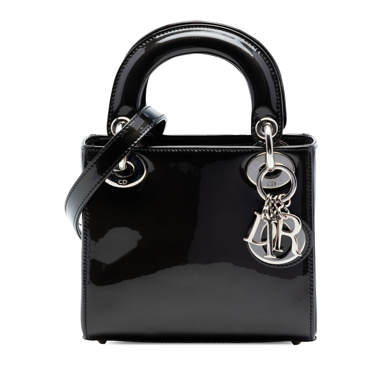 Dior Lady Dior Mini Patent Leather Handbag Black: Dior Lady Dior Mini Patent Leather Handbag Black This Lady Dior mini bag is crafted in black patent leather and features flat top handles, a detachable strap, a top flap with magnetic snap closure, an