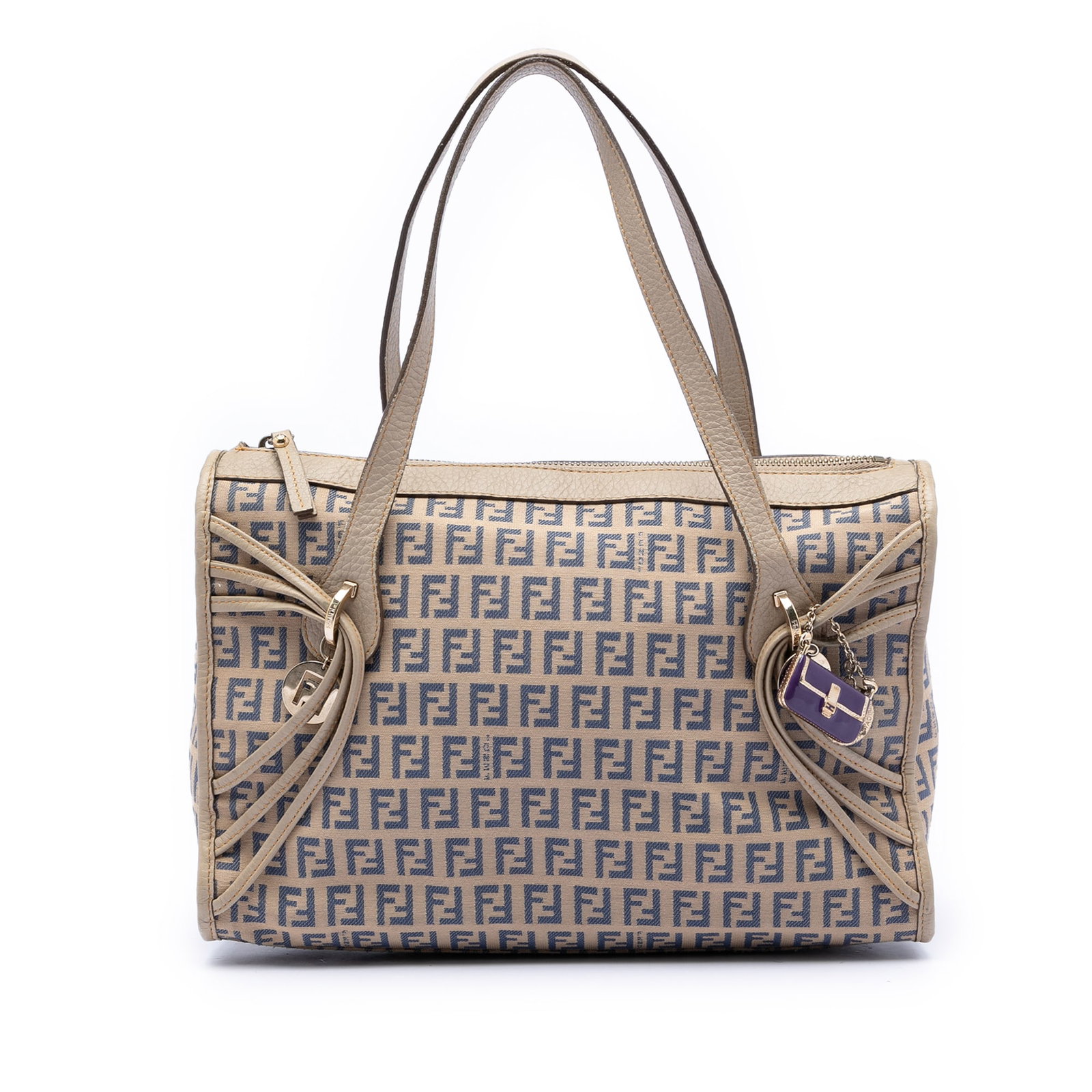 Beige Zucchino Canvas Tote Bag with Leather Trim by Fendi: Beige Zucchino Canvas Tote Bag with Leather Trim by Fendi This Fendi Zucchino Canvas Tote features a beige fabric body with leather trim, flat leather handles, a top zip closure, and interior slip poc