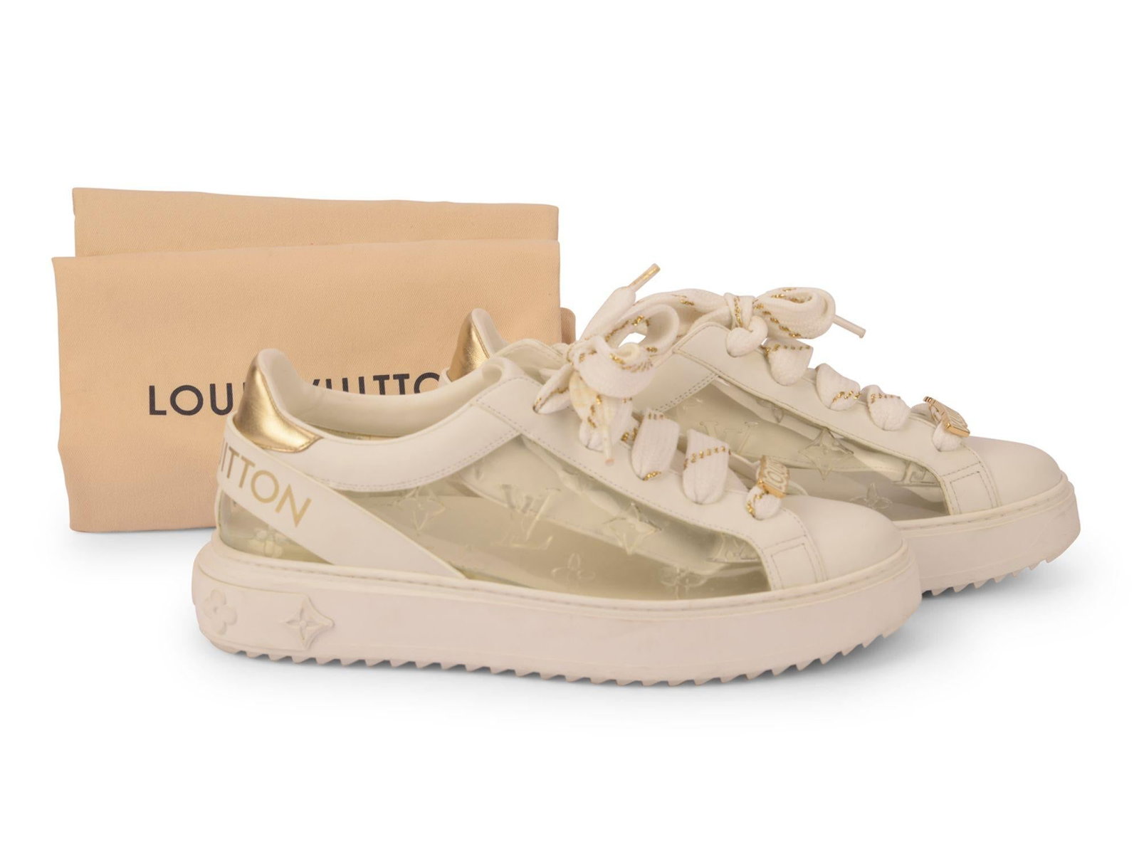 Time Out Sneakers by Louis Vuitton White Gold Monogram PVC Size 40: Time Out Sneakers by Louis Vuitton White Gold Monogram PVC Size 40 Louis Vuitton Time Out sneakers in a white and gold color combination, featuring transparent monogram PVC panels with an engraved LV 