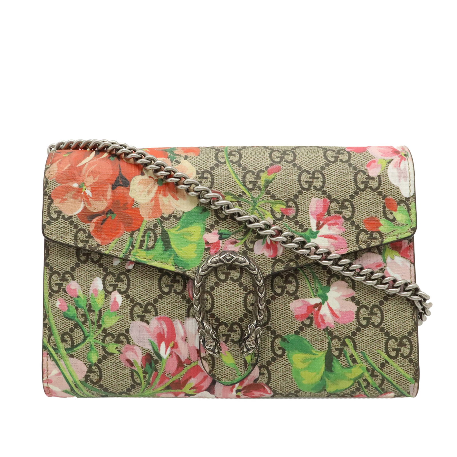 Gucci Dionysus Blooms GG Supreme Chain Wallet: Gucci Dionysus Blooms GG Supreme Chain Wallet This Gucci GG Supreme Blooms Dionysus wallet on a chain is crafted in floral printed coated canvas with a beige finish. It features a detachable silver-to