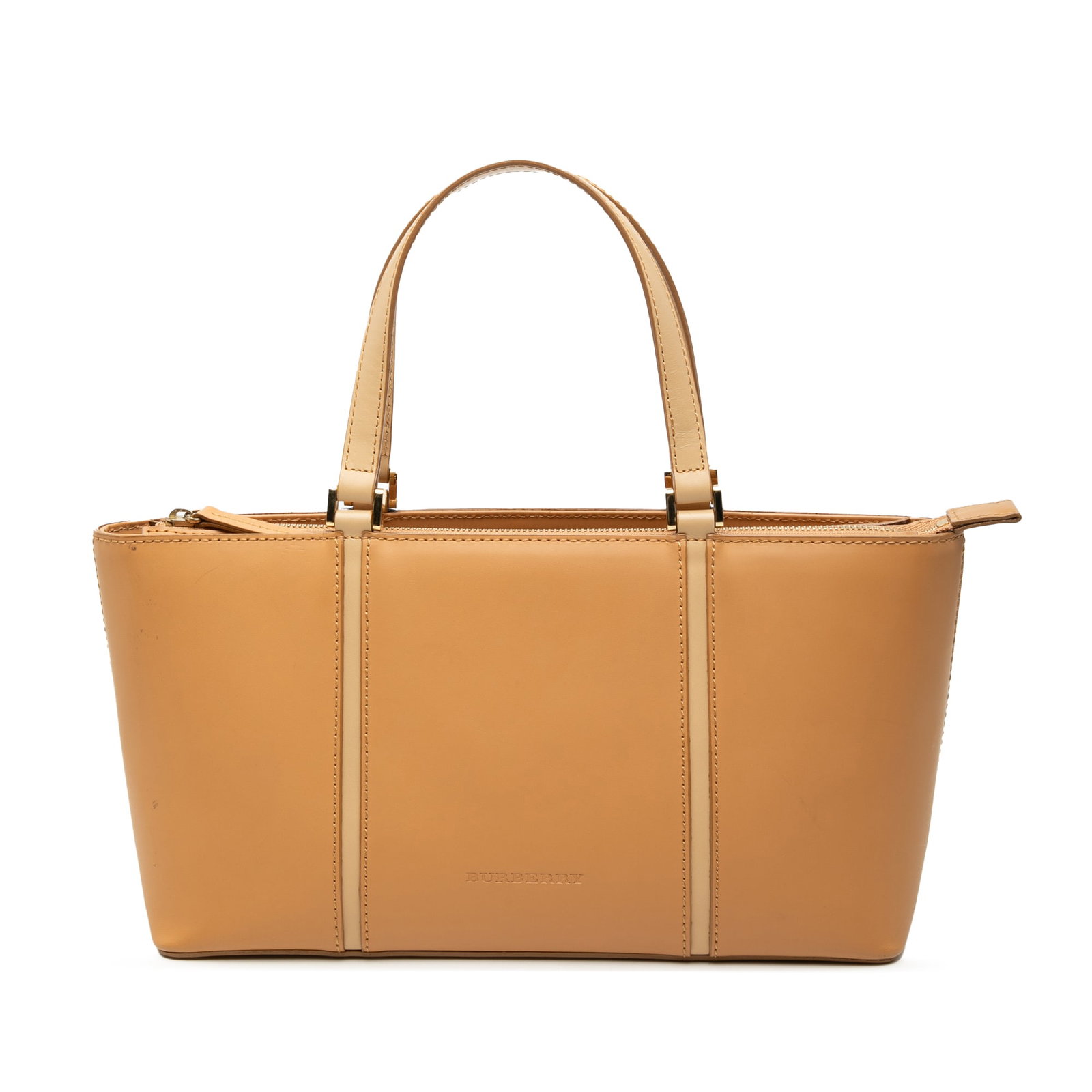 Burberry brown leather zip-top tote bag: Burberry brown leather zip-top tote bag This Burberry leather tote features a brown leather body with flat leather handles and a top zip closure. The interior is designed with both zip and slip pocket
