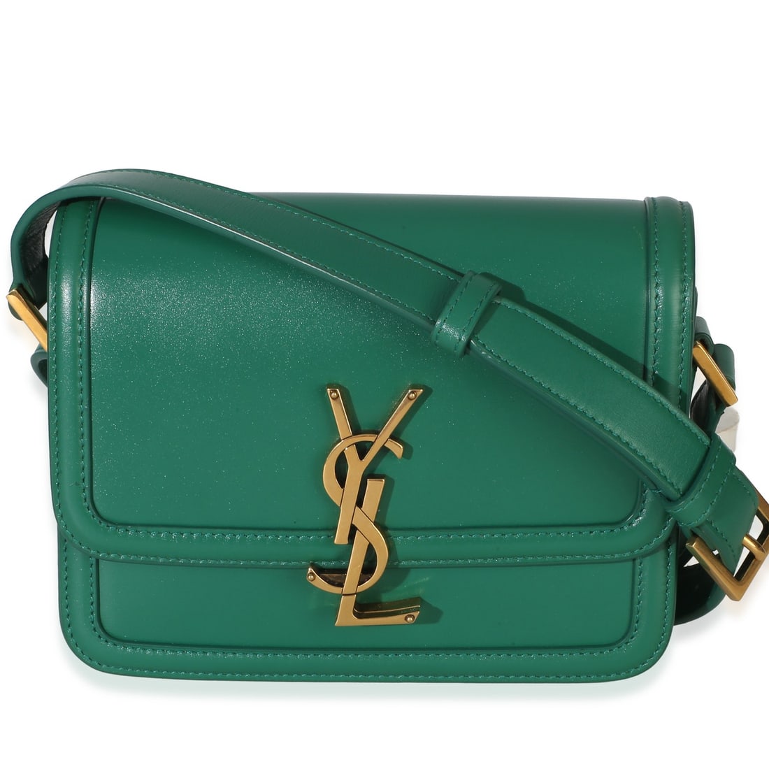 Saint Laurent Solferino Small Green Leather Shoulder Bag: Saint Laurent Solferino Small Green Leather Shoulder Bag Saint Laurent Small Solferino Satchel in green smooth calfskin with a monogram design. This pre-owned unisex shoulder bag features a push lock 