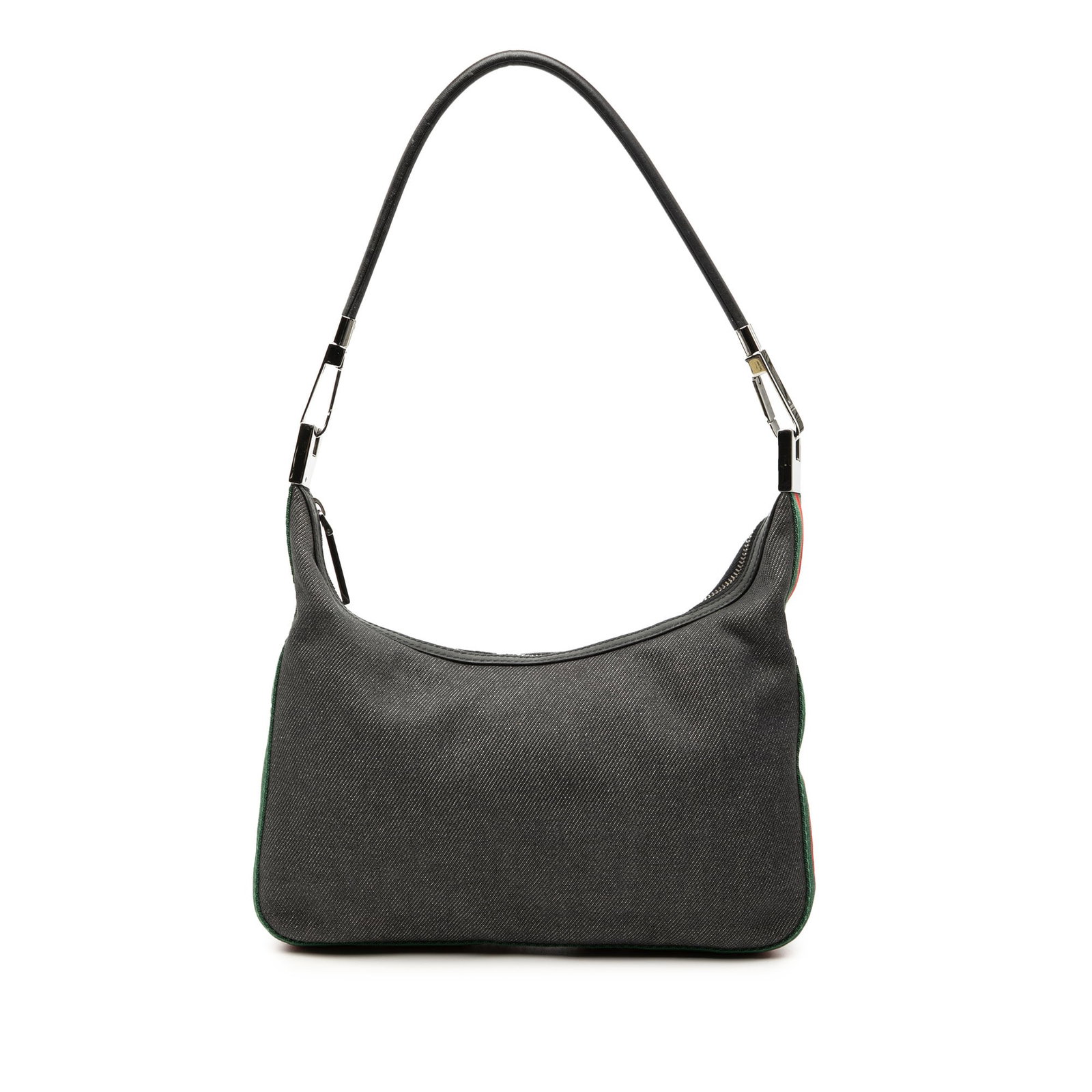 Gucci black denim shoulder bag with leather strap: Gucci black denim shoulder bag with leather strap This Gucci Denim Web Shoulder Bag features a denim fabric body with a rolled leather strap, a top zip closure, and an interior zip pocket. The bag is 