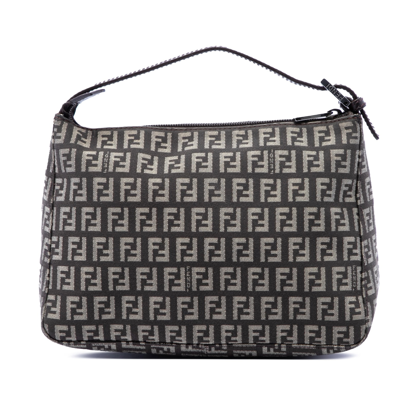 Fendi Zucchino Brown Canvas Zip Top Handbag: Fendi Zucchino Brown Canvas Zip Top Handbag Fendi Zucchino Canvas Handbag in brown, made in Italy, with a canvas body, flat leather handle, and top zip closure. The handbag is described as a fabric ma
