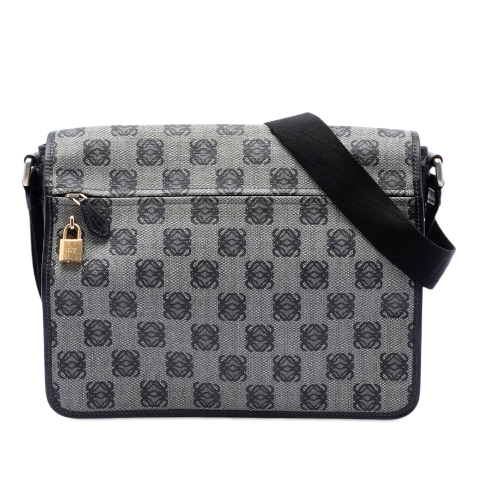 LOEWE Anagram gray crossbody messenger bag: LOEWE Anagram gray crossbody messenger bag This LOEWE Anagram Coated Canvas Messenger Bag is crafted from durable coated canvas with leather trim and features an adjustable flat strap for versatile cr