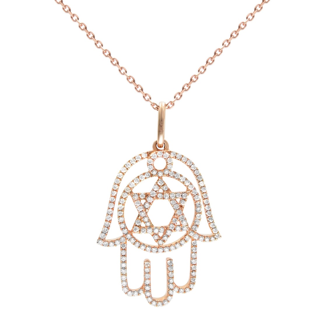 Rachel Koen 14k Rose Gold Hamsa Star of David Diamond Pendant Necklace: Rachel Koen 14k Rose Gold Hamsa Star of David Diamond Pendant Necklace This elegant ladies' pendant necklace features a unified design of the Star of David and Hamsa symbols, adorned with 0.47 carats 