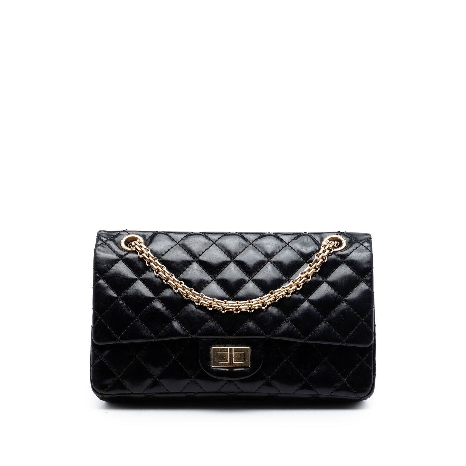 Chanel Reissue 2.55 Accordion Flap 225 Black Quilted Calfskin Shoulder Bag: Chanel Reissue 2.55 Accordion Flap 225 Black Quilted Calfskin Shoulder Bag A black shoulder bag in quilted glazed calfskin leather, designed with chain shoulder straps, a front flap with twist-lock cl